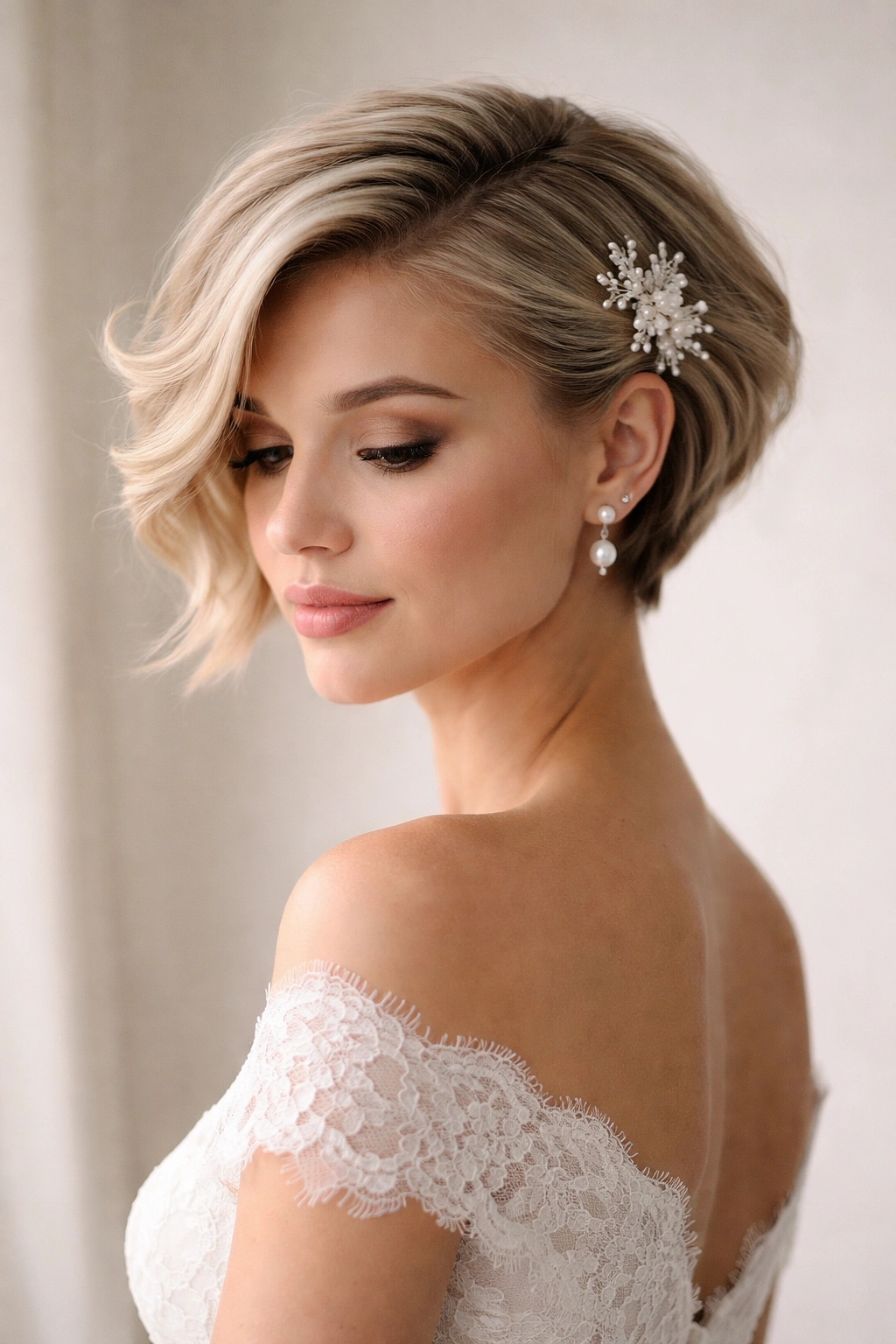 Close-up of a bridal asymmetrical hairstyle with a deep side part and voluminous side