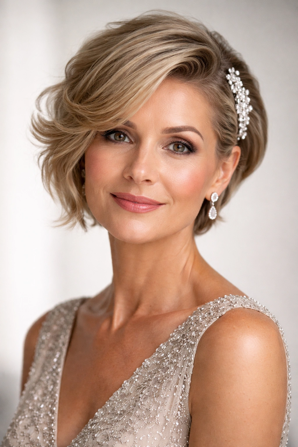 Asymmetrical short hairstyle with one side swept back