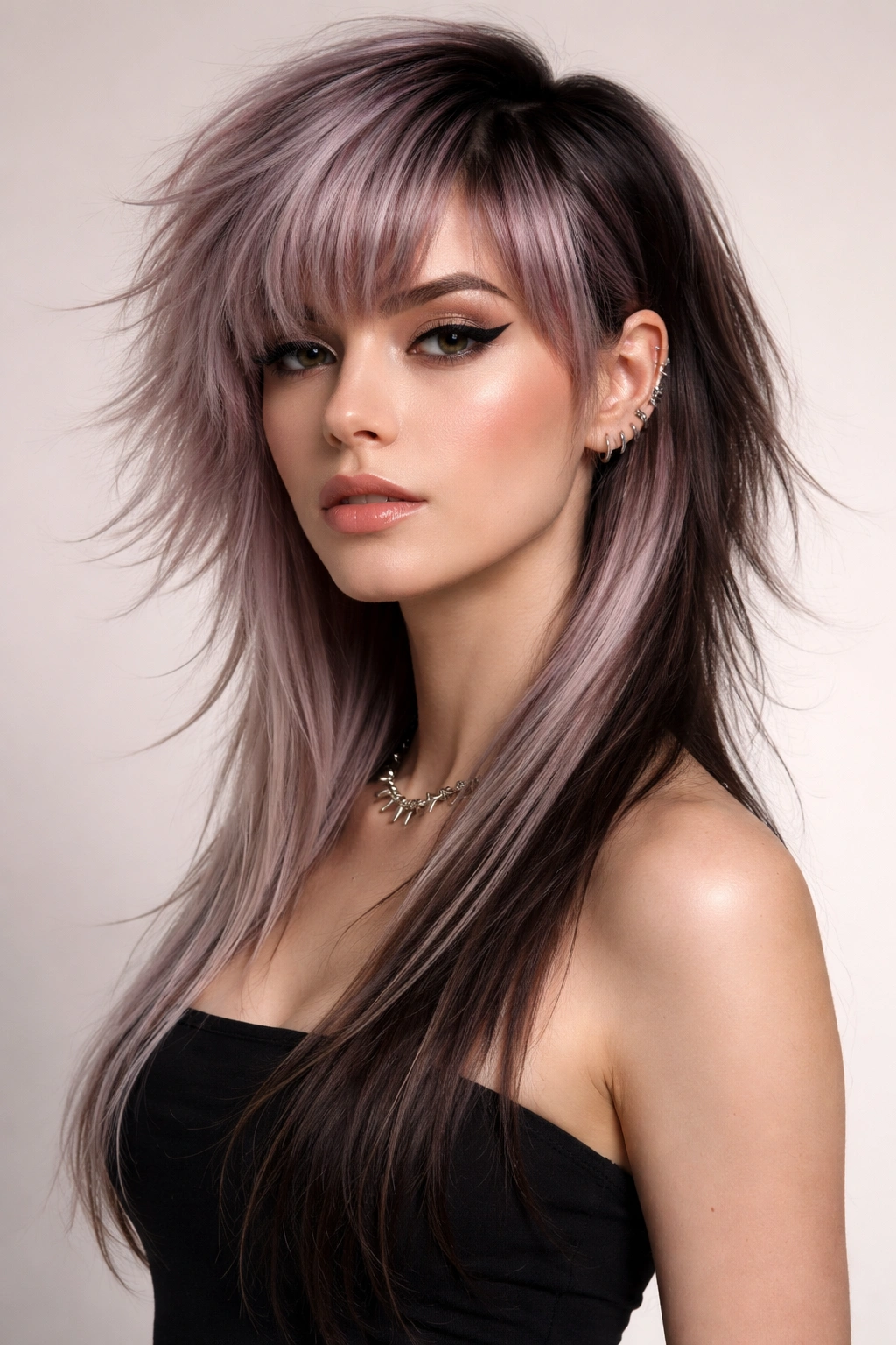 Asymmetrical jellyfish haircut with longer undercut on one side and fuller opposite side