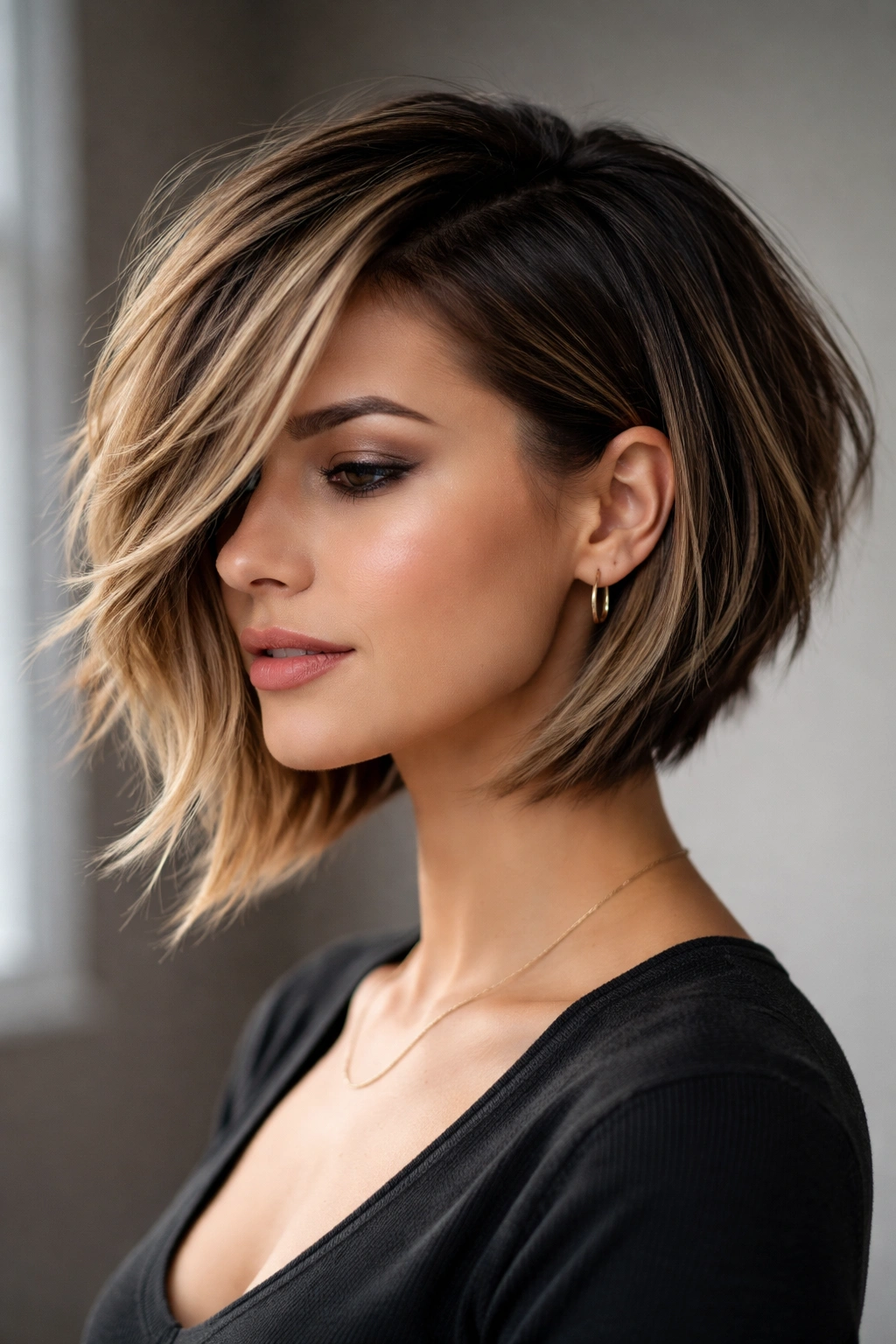 Asymmetrical layered bob with a longer side highlighted by studio lighting