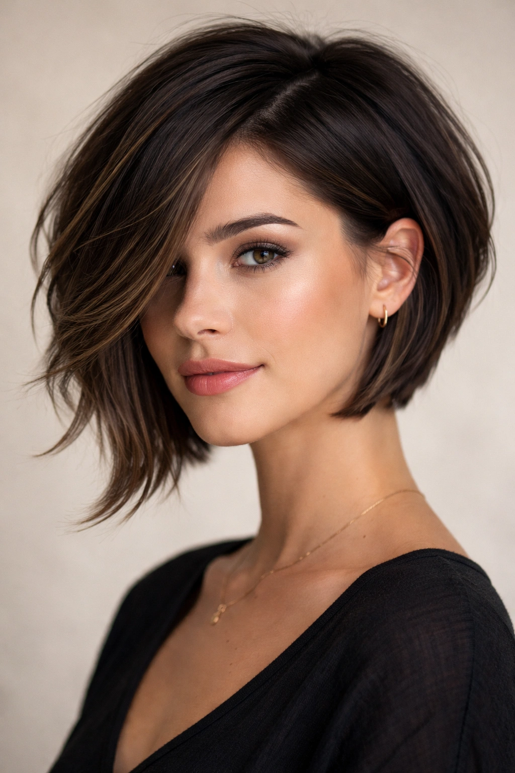 30 Short Haircuts That Flatter Almost Every Woman 6 Portrait of asymmetrical layered bob with uneven side lengths.