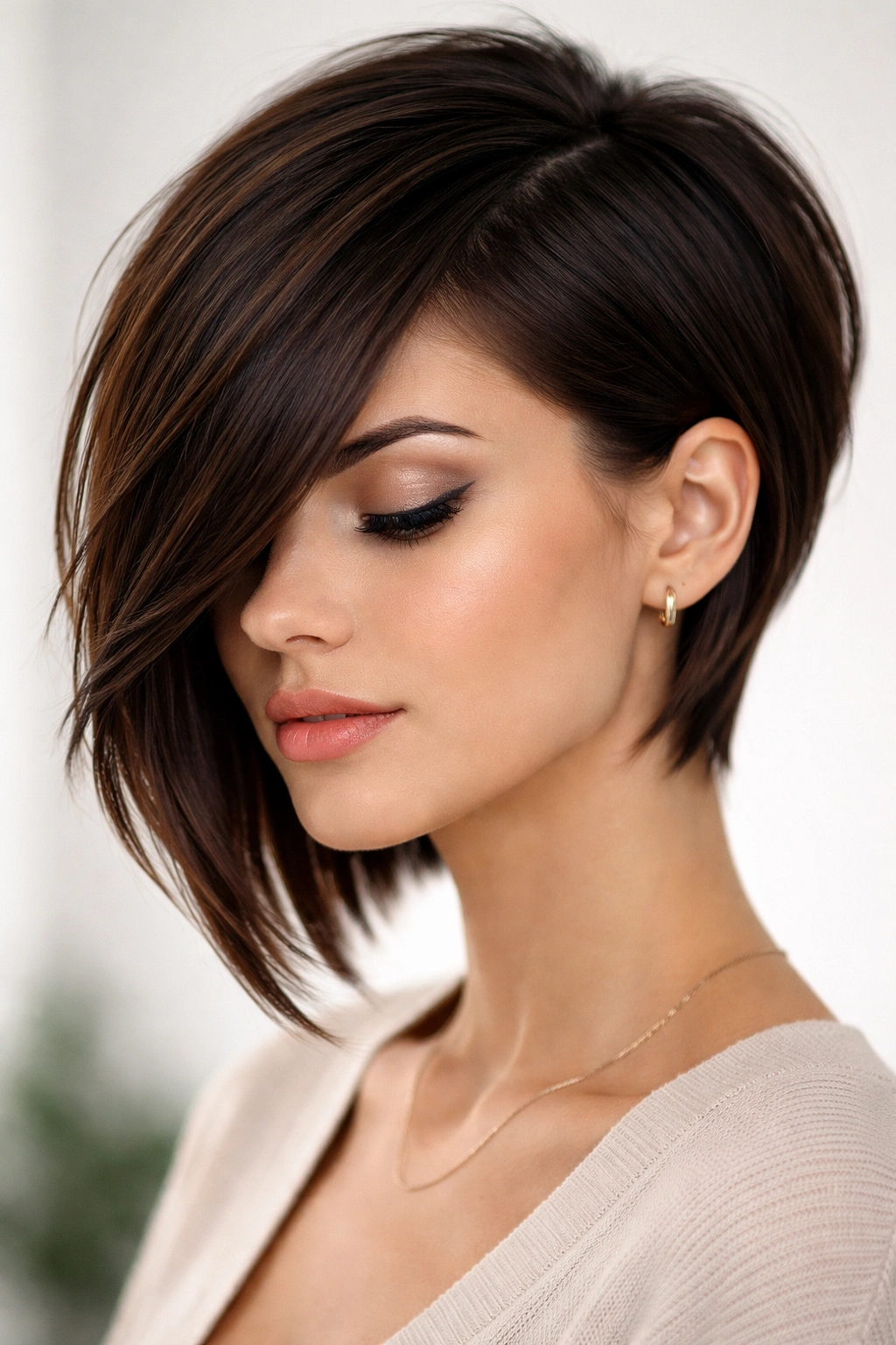 Close-up of an asymmetrical layered cut with a sweeping longer side