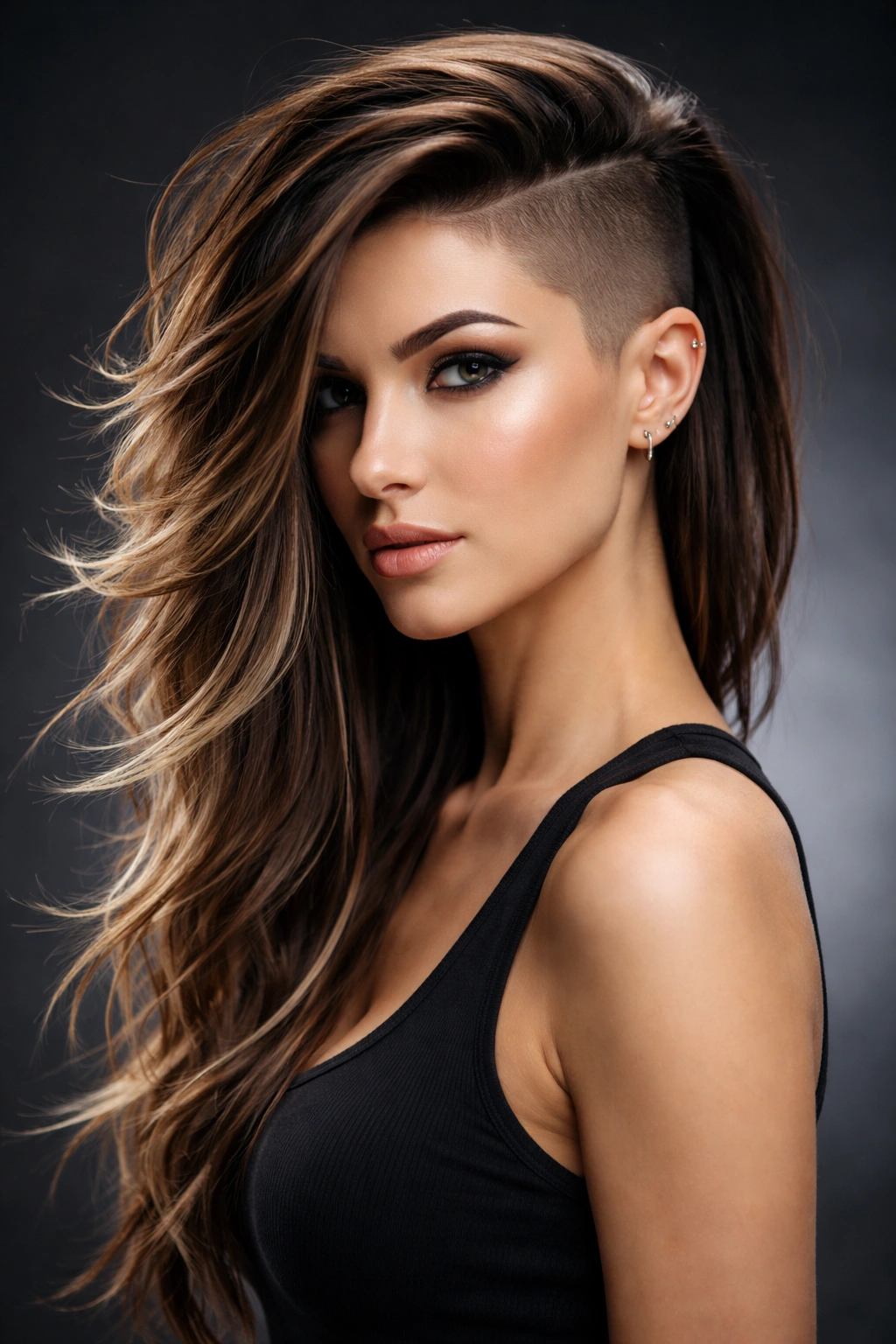 Profile of a model with a shaved side and a long, layered opposite side showing movement.