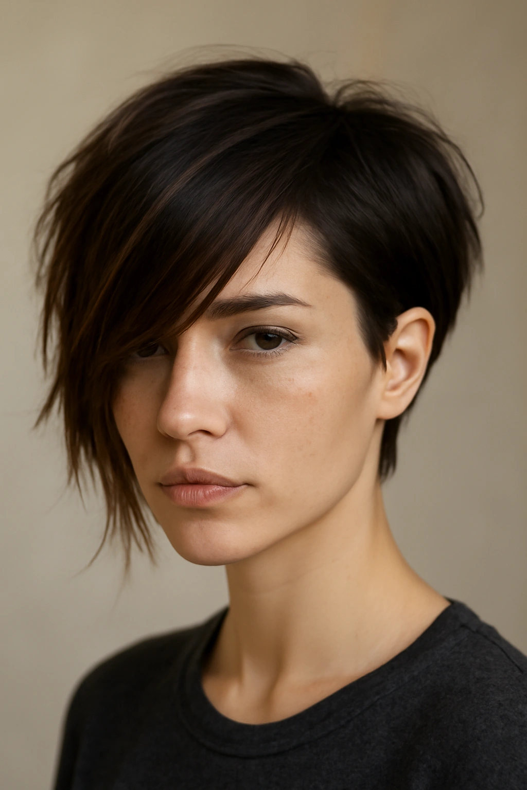12 Short Layered Haircuts With Bangs That Actually Work 7 Close-up of asymmetrical short layers with angled bangs highlighting edgy face framing