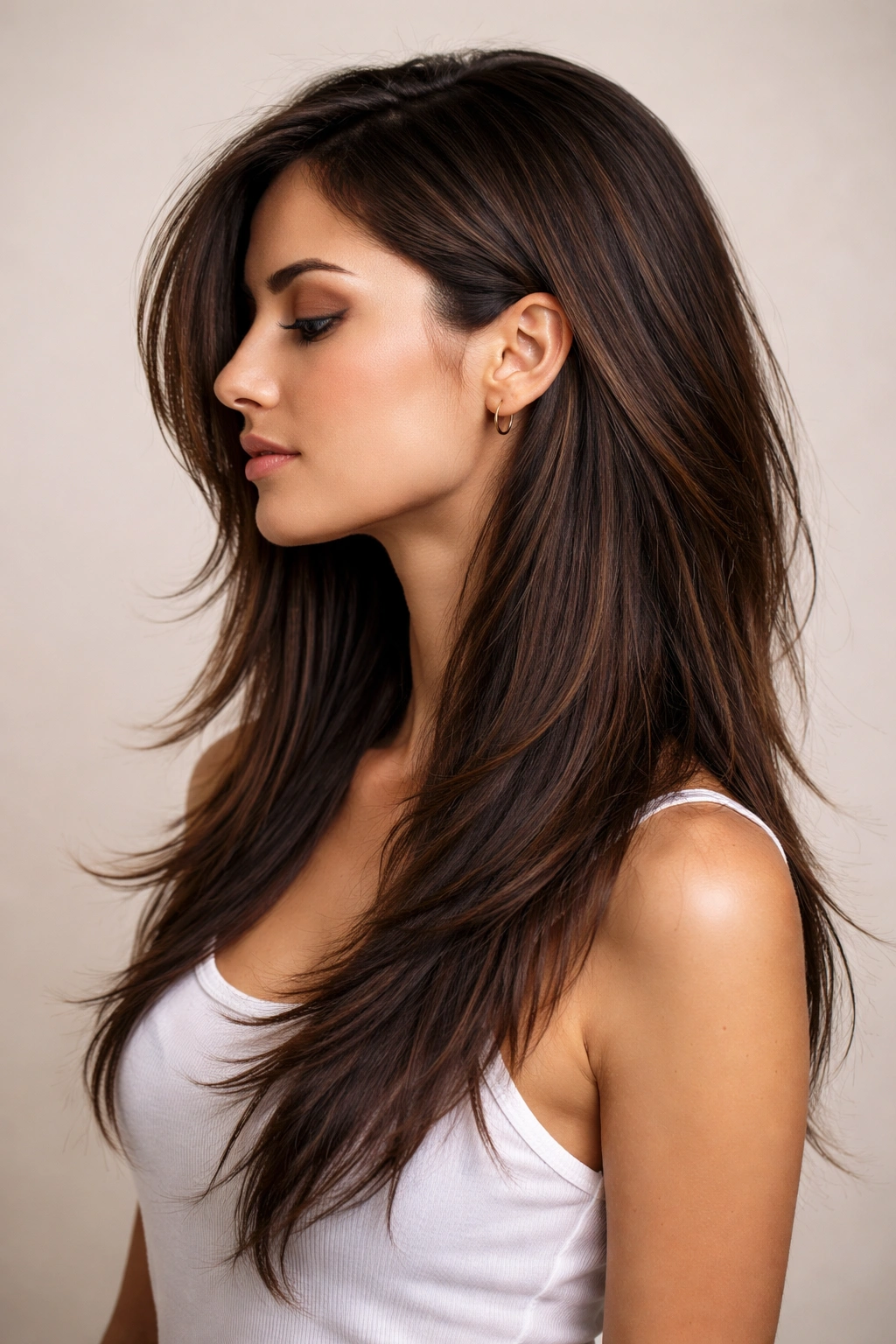 Side-profile of long hair with asymmetrical layers