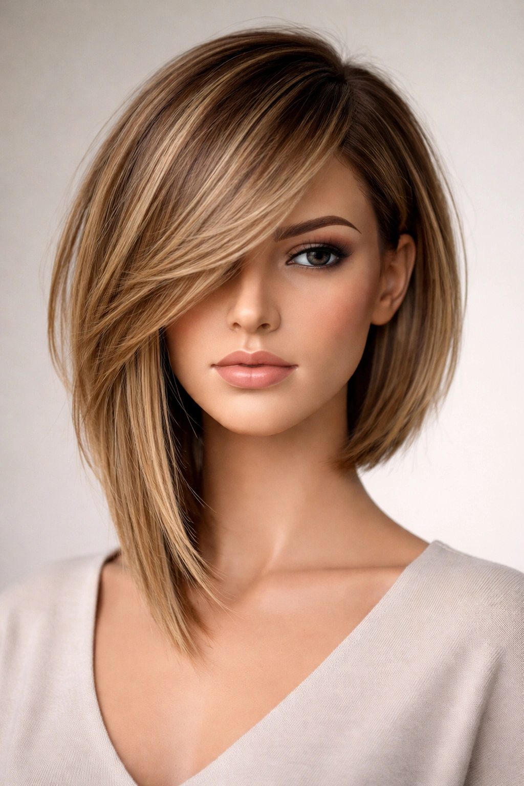 Asymmetrical lob with side-swept bangs on head-and-shoulders, one side longer for edgy balance