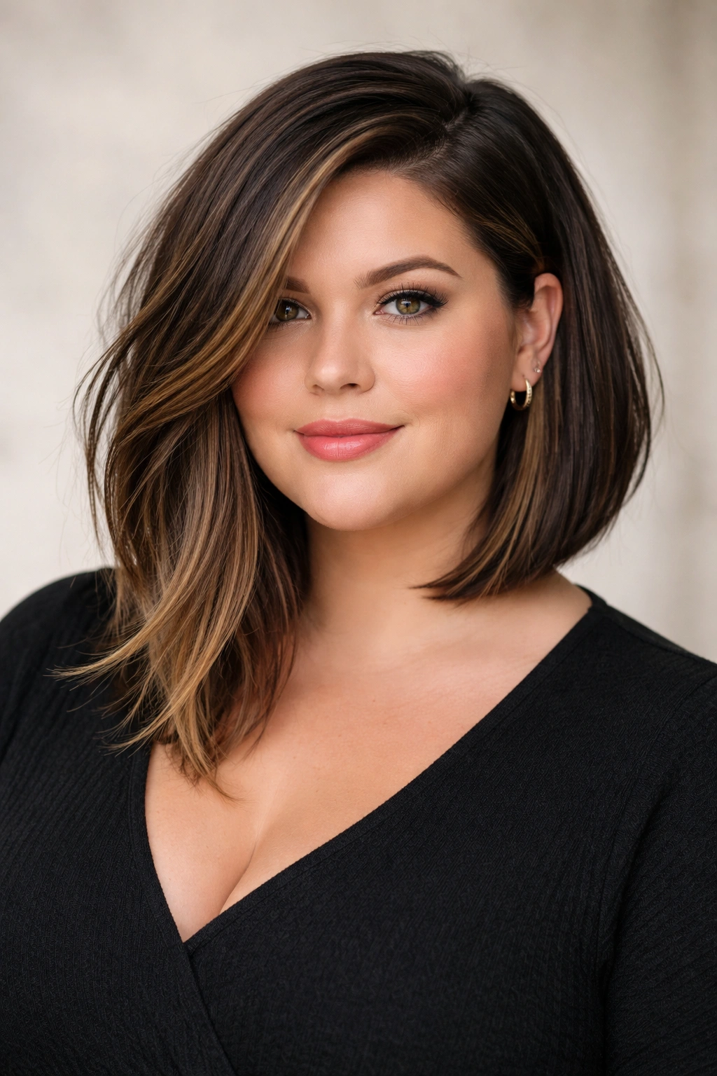 Asymmetrical lob hairstyle with diagonal longer side
