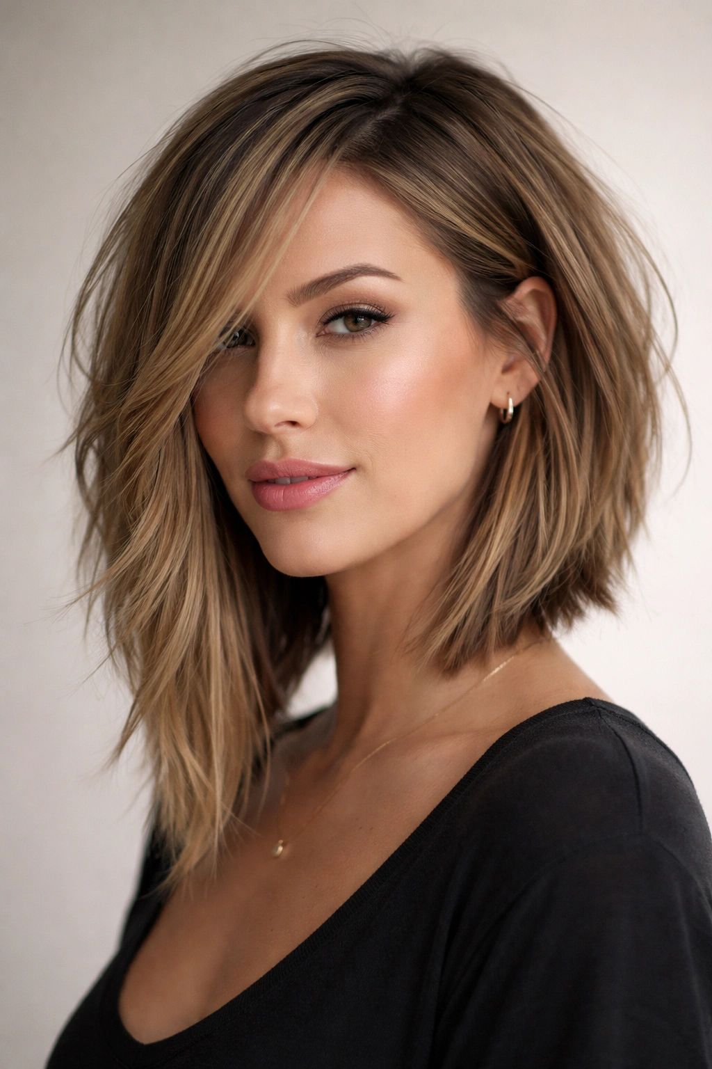 Asymmetrical lob with textured layers and one longer side.