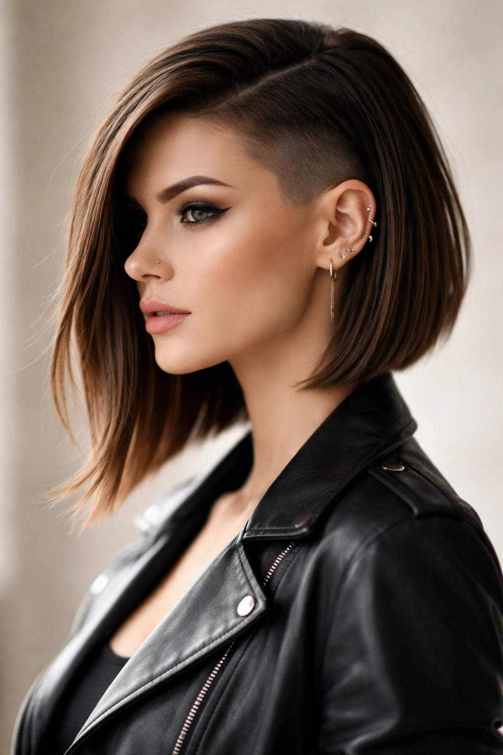 10 One Side Shaved Hairstyles For Bold Women 3 Asymmetrical lob with shaved side shown in a three-quarter view highlighting the contrast