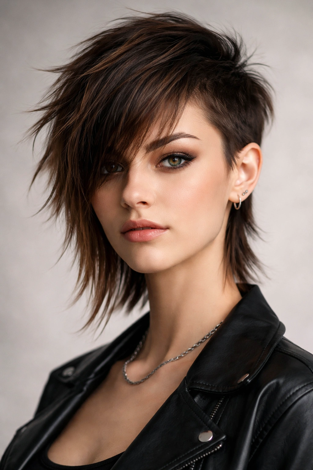 Asymmetrical mixie hairstyle with uneven lengths on each side