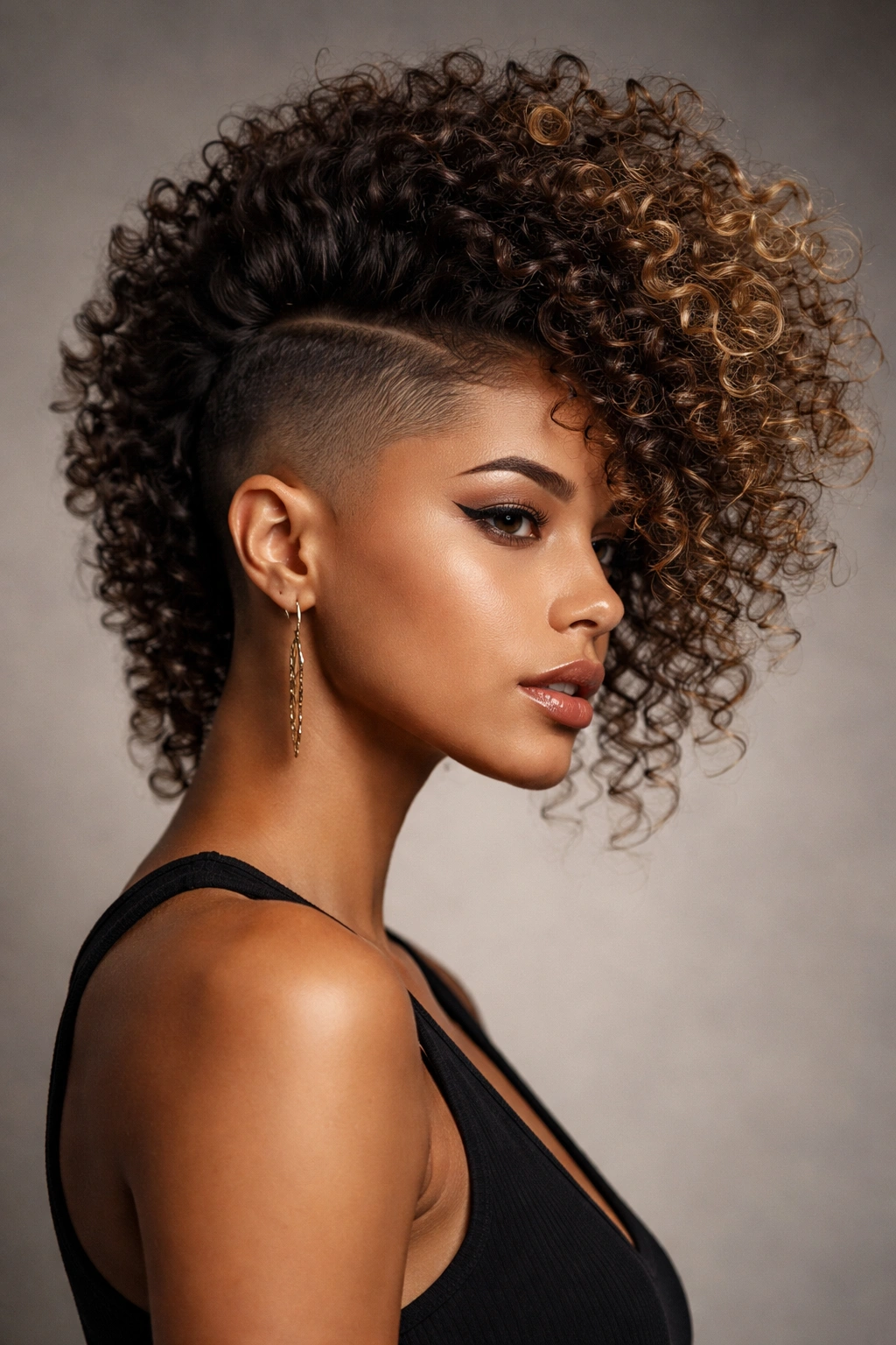Portrait of a person with an asymmetrical curly mohawk, one side shaved and the other long and voluminous, studio lighting