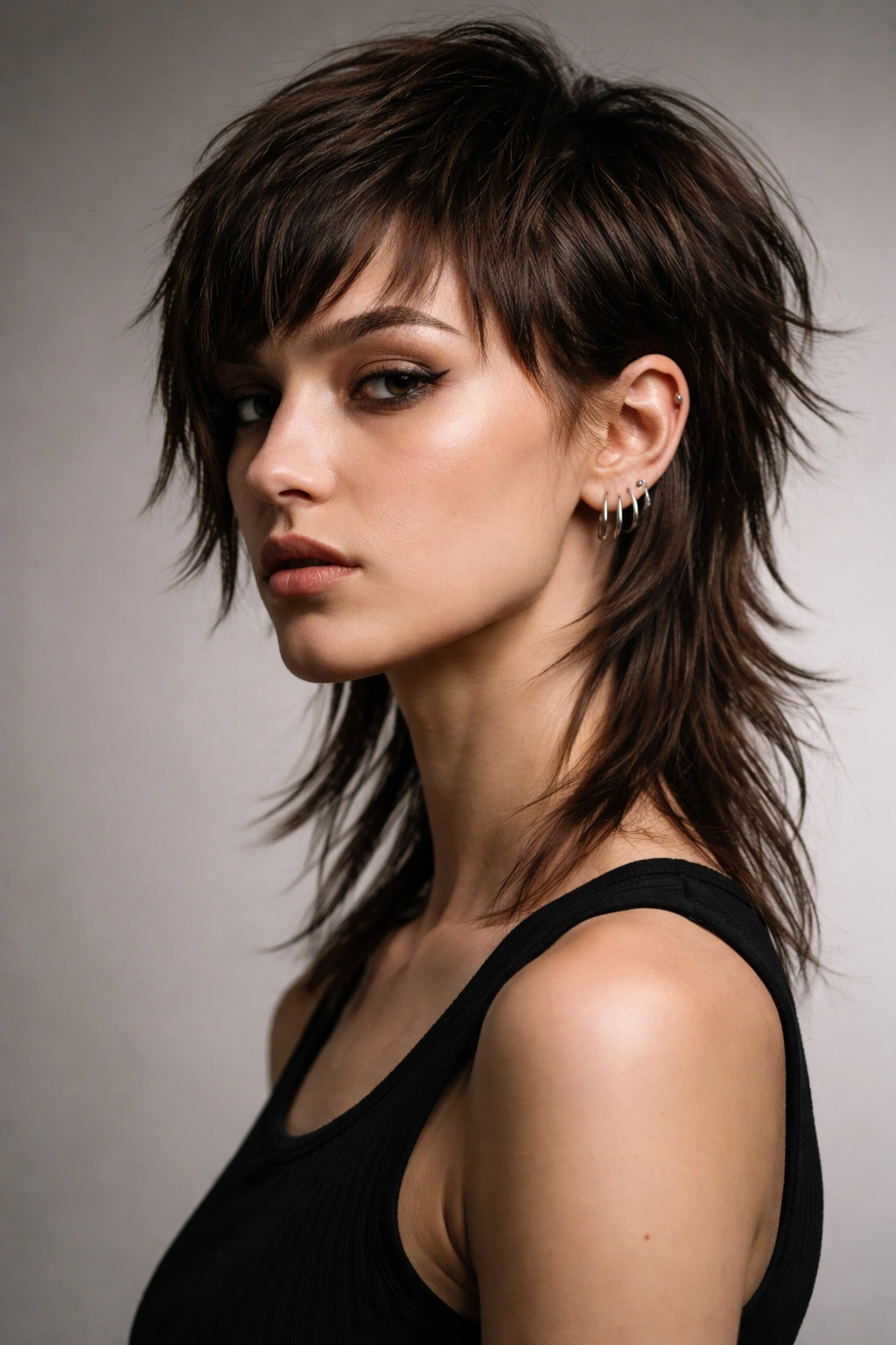 Head-and-shoulders portrait of a model with a choppy asymmetrical mullet showing uneven lengths