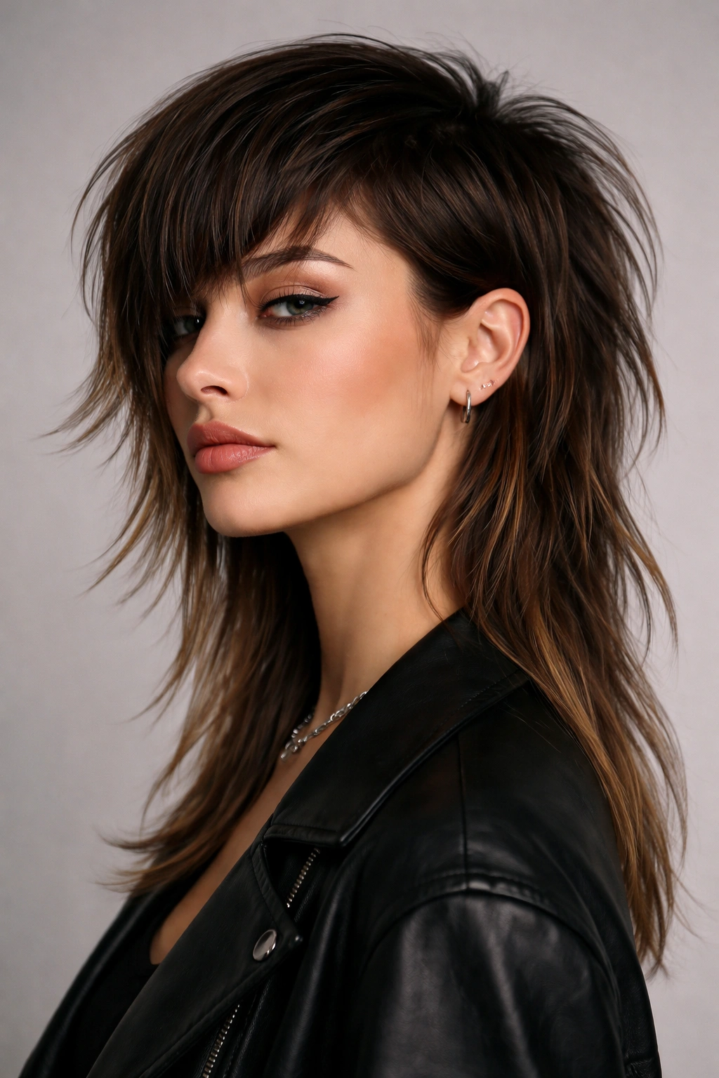 Dramatic asymmetrical mullet showing a shorter front on one side and longer back.