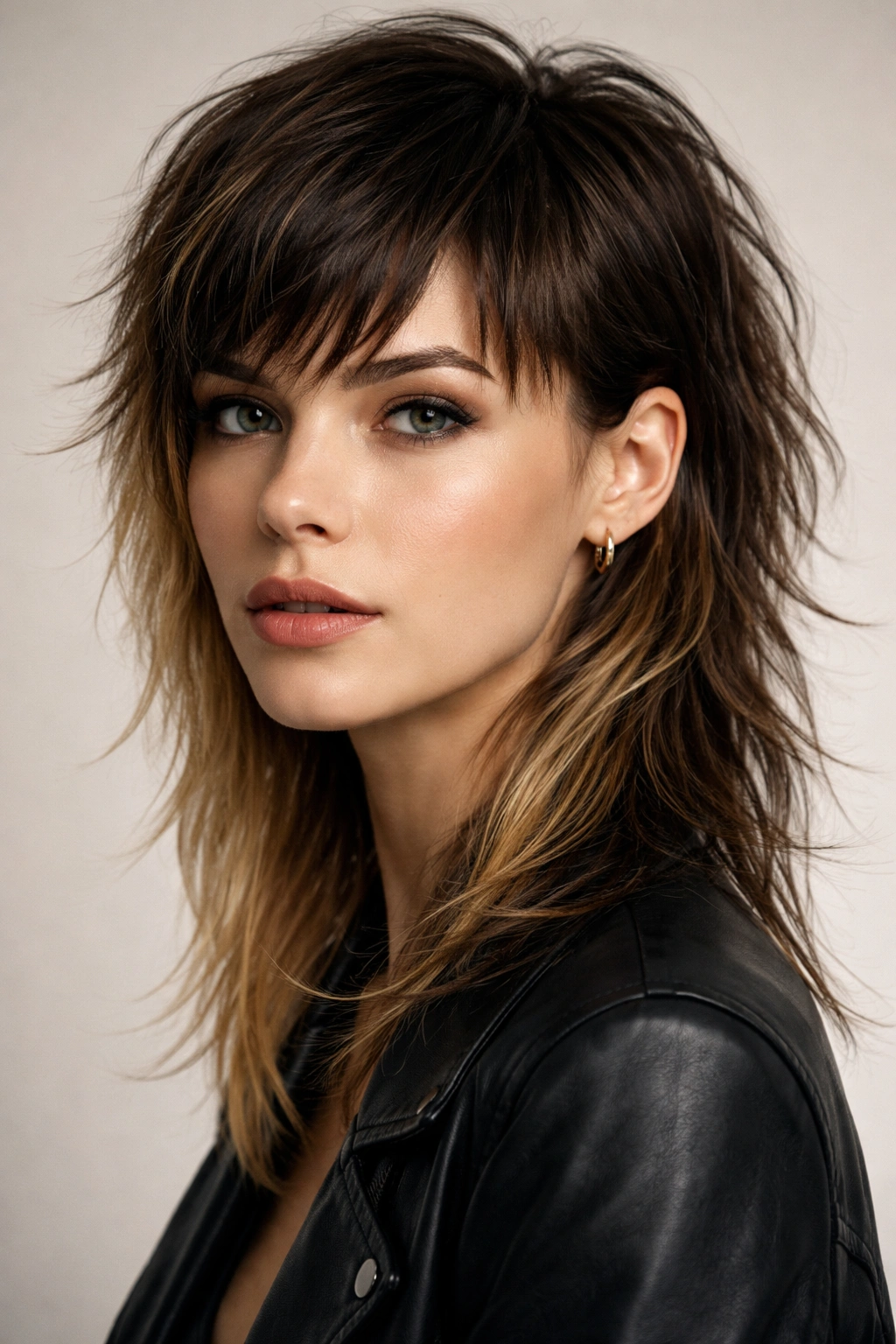 Close-up portrait of a woman showcasing an asymmetrical mullet with one side shorter and the other longer