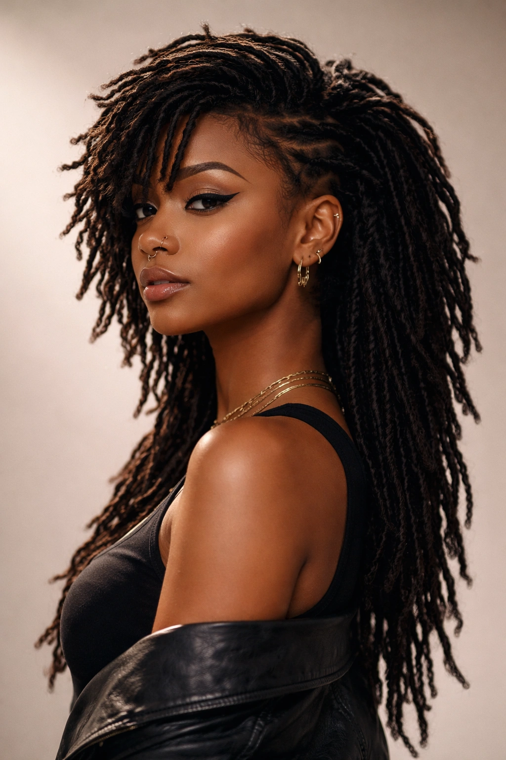 Portrait showing asymmetrical mullet locs with uneven lengths