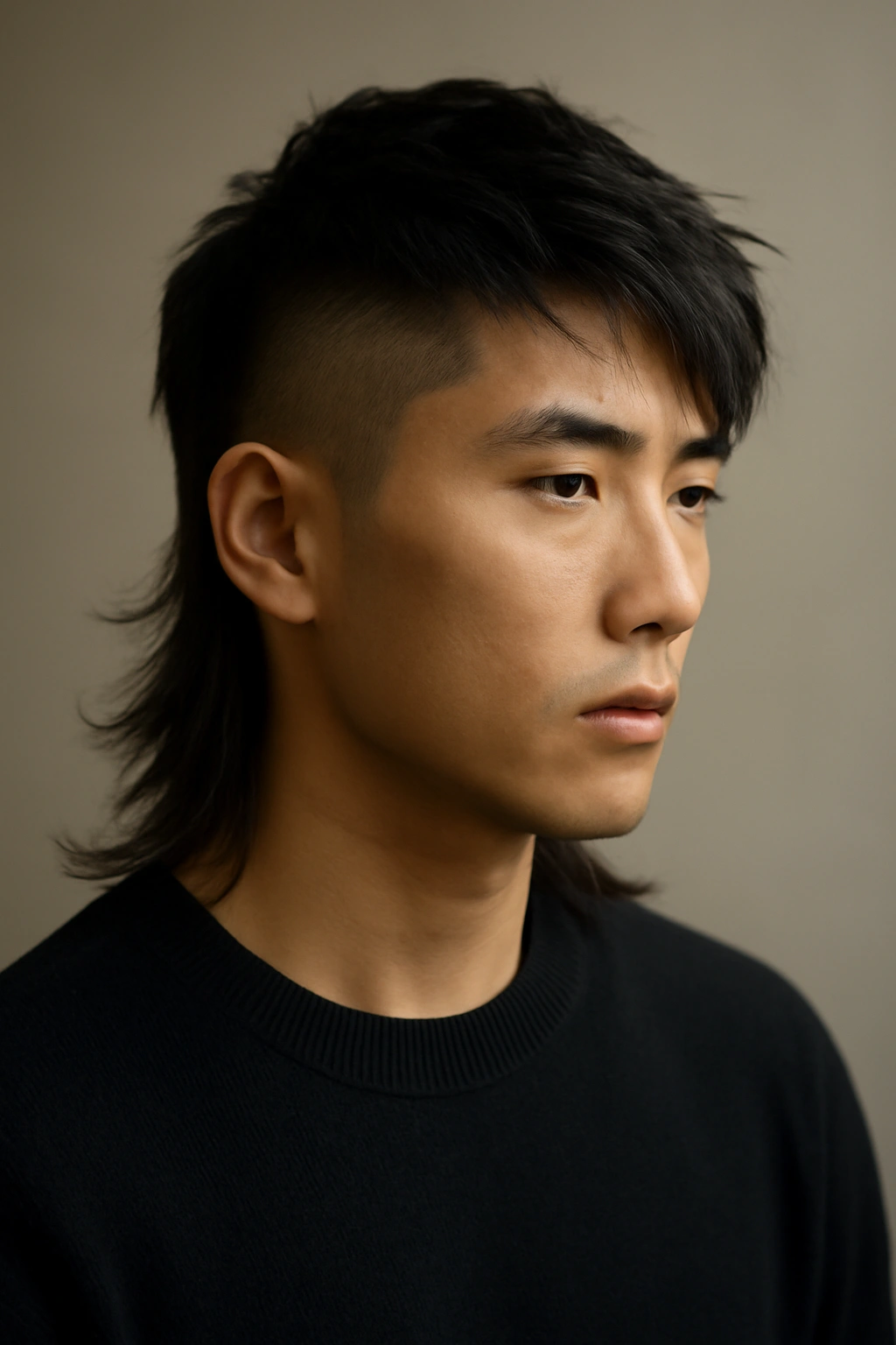 12 Asian Mullet Haircuts That Are Trending Right Now 10 Portrait of person with asymmetrical mullet showing uneven sides and angled back