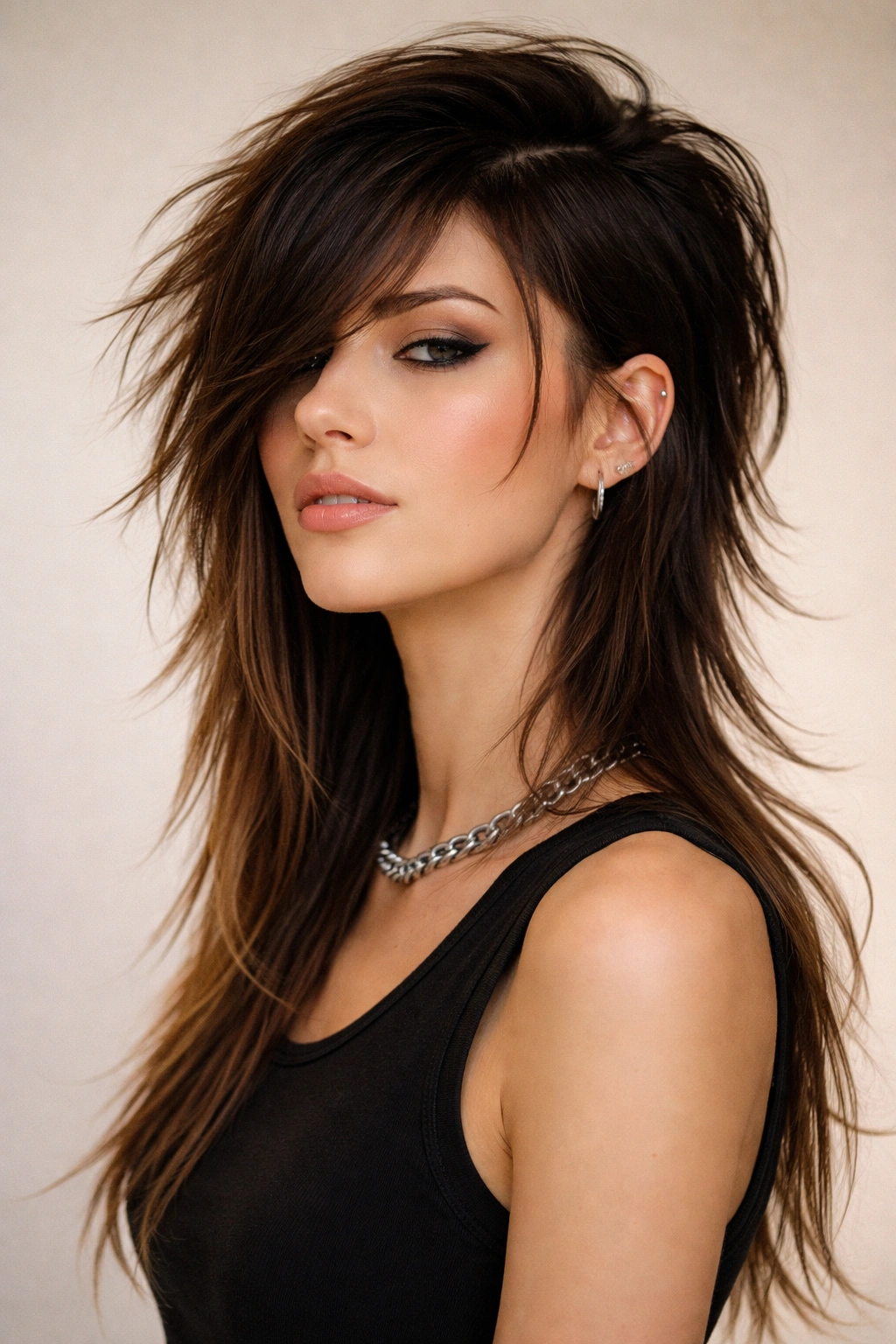 Portrait of a person with an asymmetrical long mullet, one side longer, studio lighting highlighting hair texture