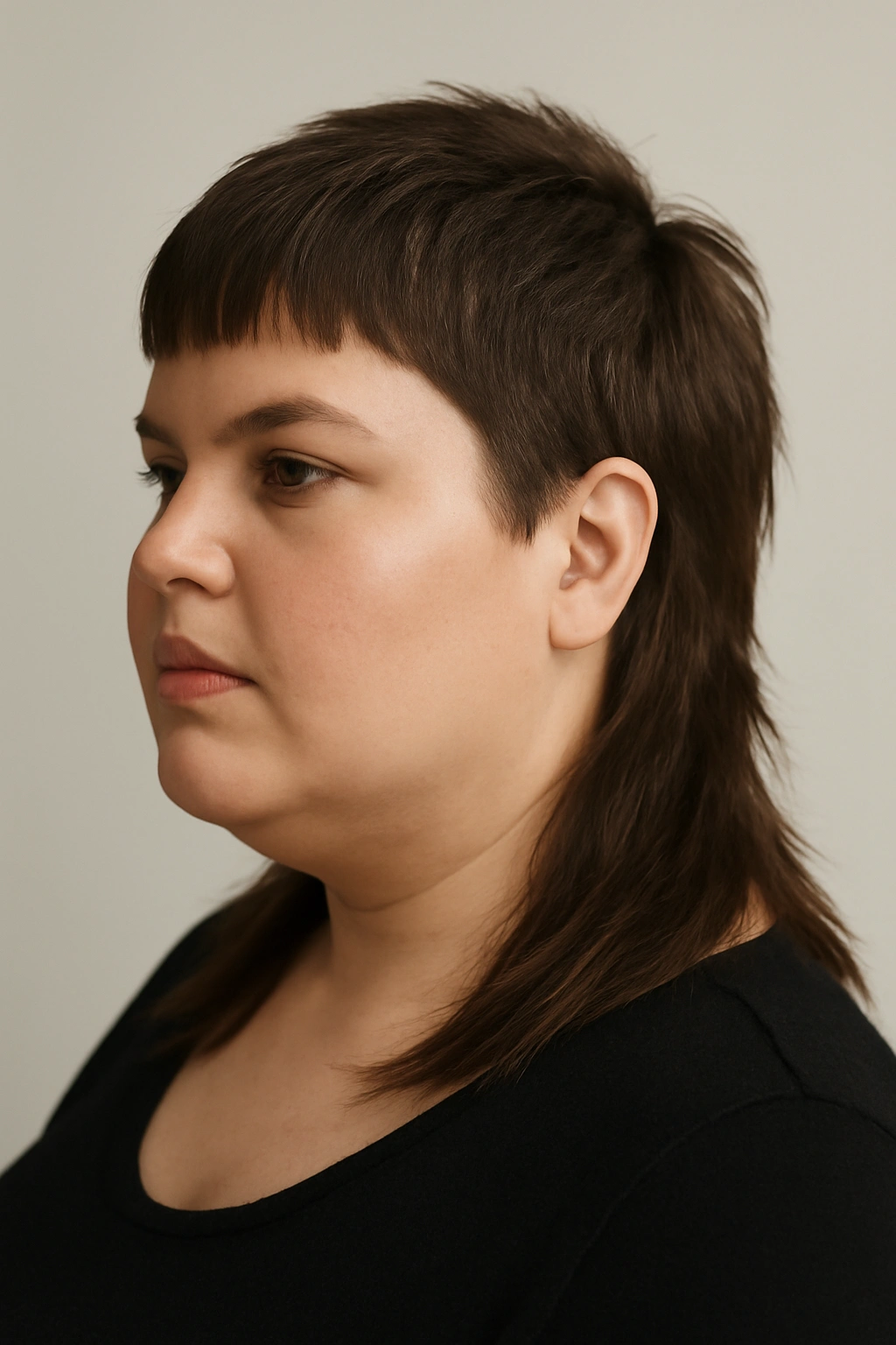 10 Flattering Mullet Haircuts for Plus Size Women 6 Asymmetrical mullet show longer side on a plus-size model in studio portrait
