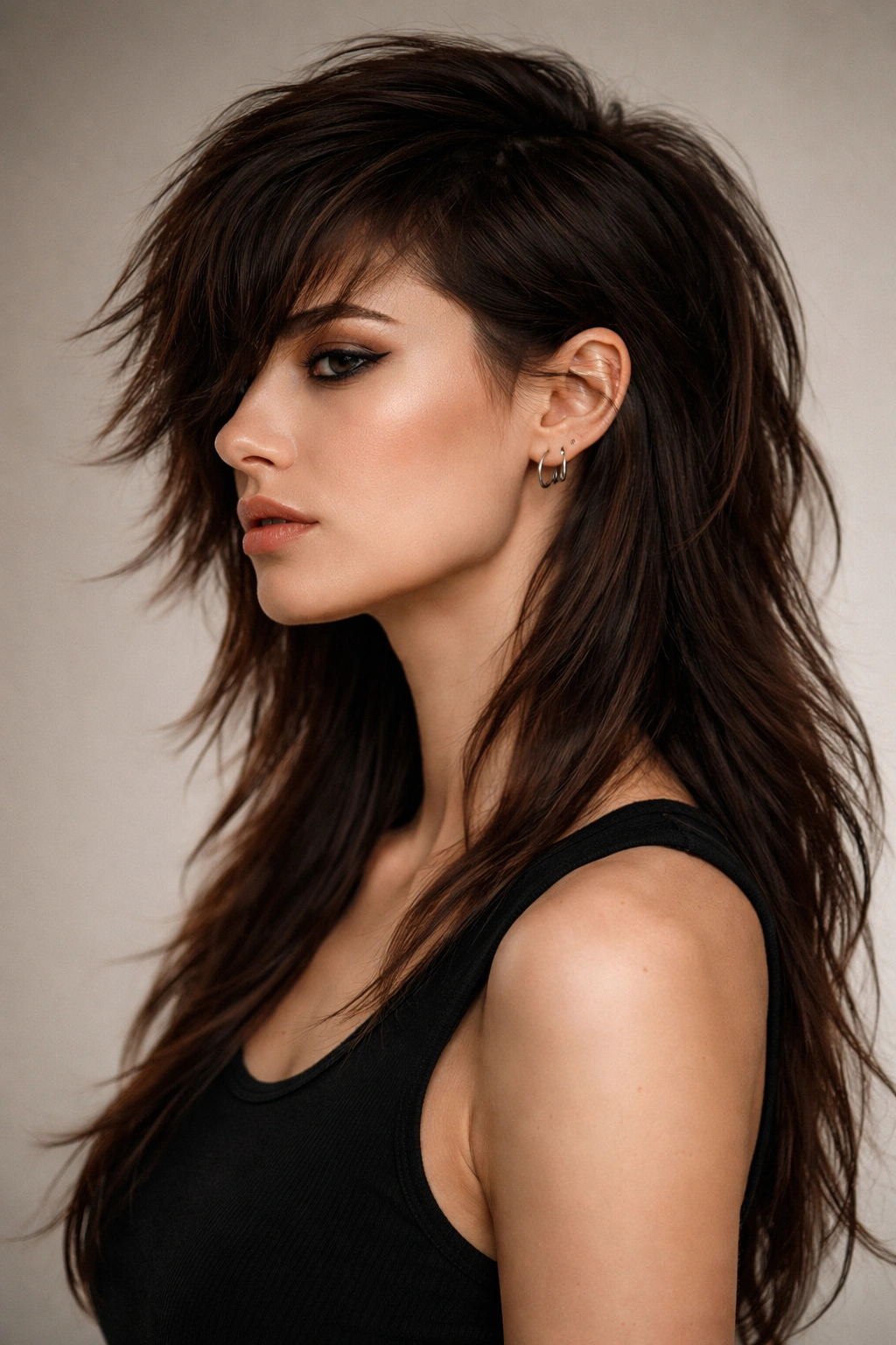 Profile view of a thick-haired model with an asymmetrical mullet showing one short side and a longer back