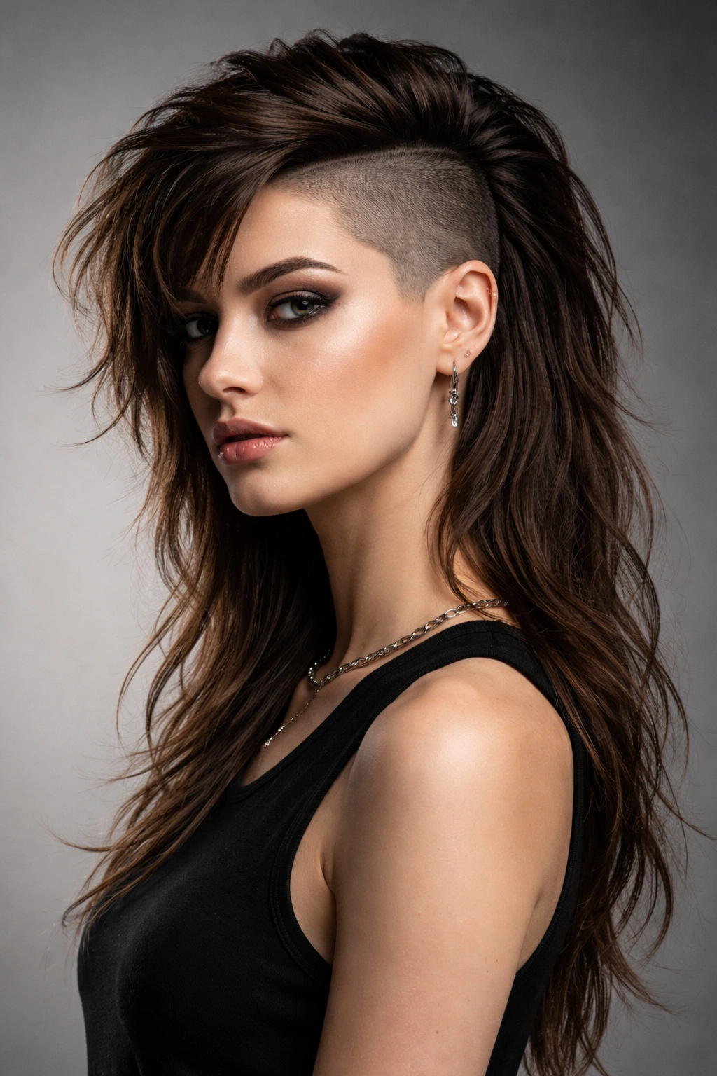 Portrait of an asymmetrical mullet undercut showing one very short side and a longer opposite side