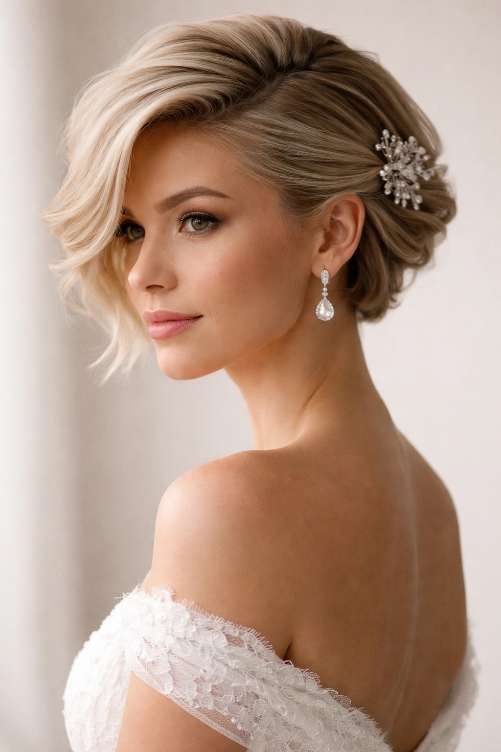 Asymmetrical pinned swoop with dramatic side sweep