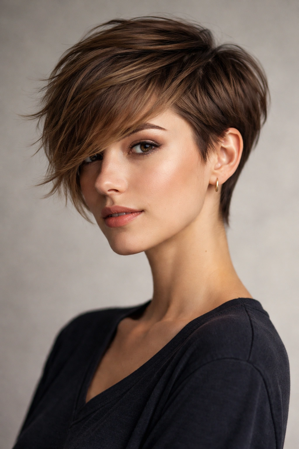 12 Short Haircuts That Work Around Cowlicks 5 Asymmetrical pixie with longer and shorter sides showing directional styling.