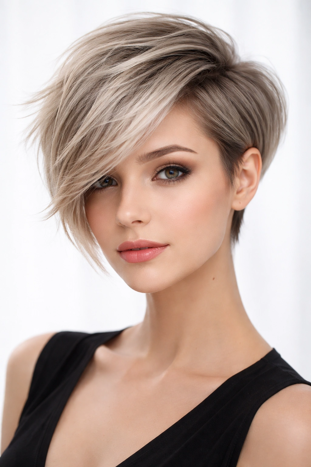 Asymmetrical pixie haircut in soft ash blonde under cool studio lighting