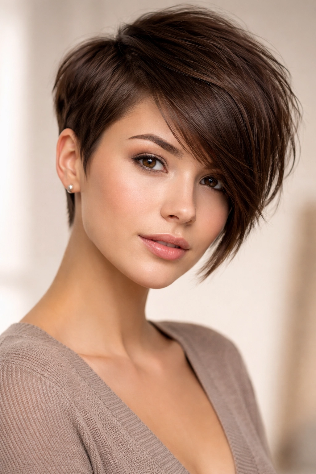 Portrait of a person with an asymmetrical pixie and long side bangs, highlighting diagonal lines and texture