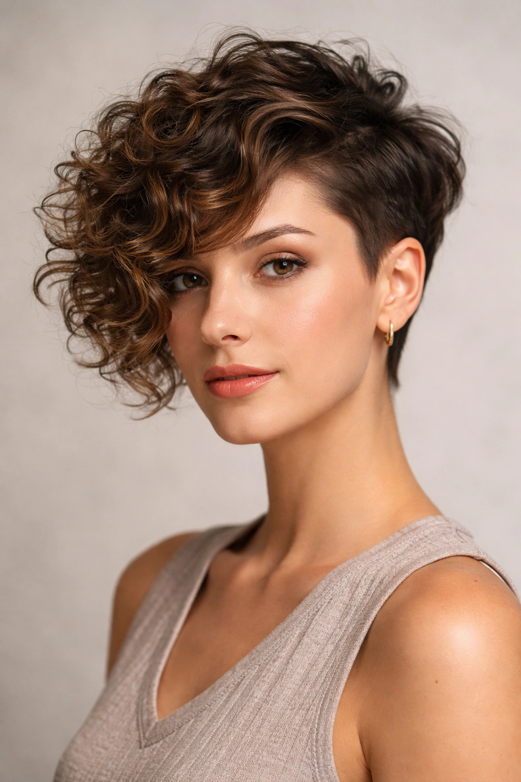 Close-up of The Asymmetrical Pixie Bob with uneven lengths on curly hair