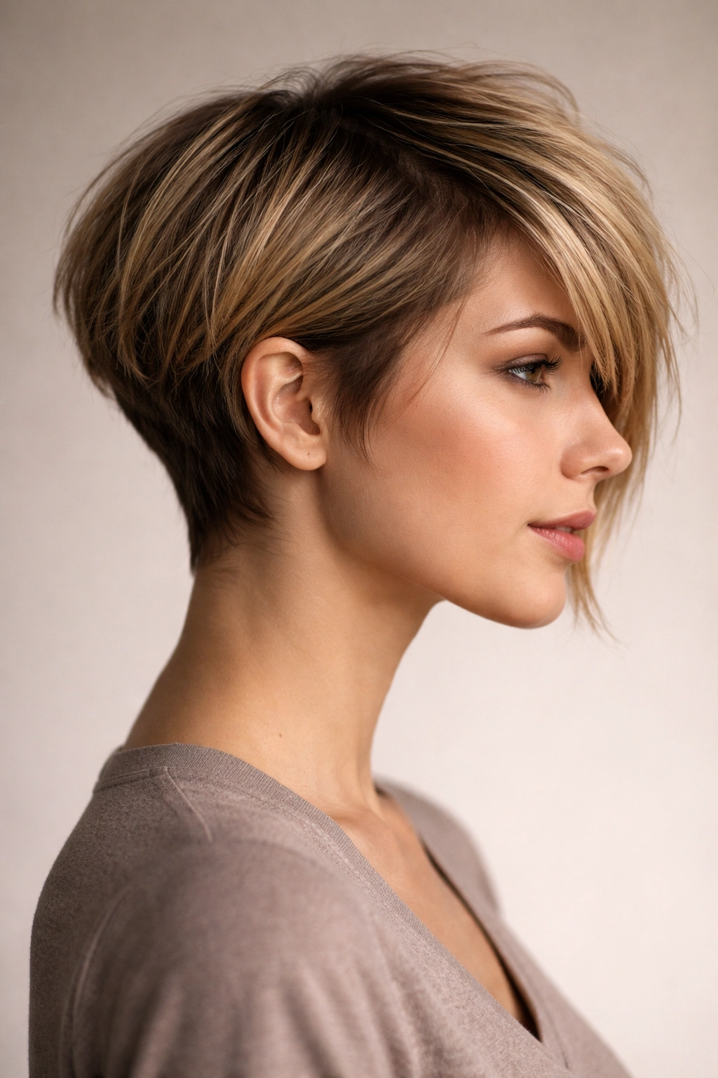 Profile view of an asymmetrical pixie bob hairstyle showing length difference.