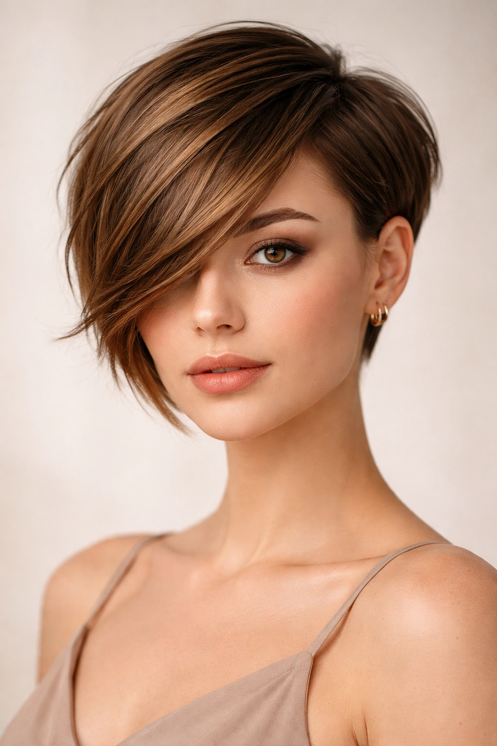 Asymmetrical pixie bob with one short side and longer swept side.