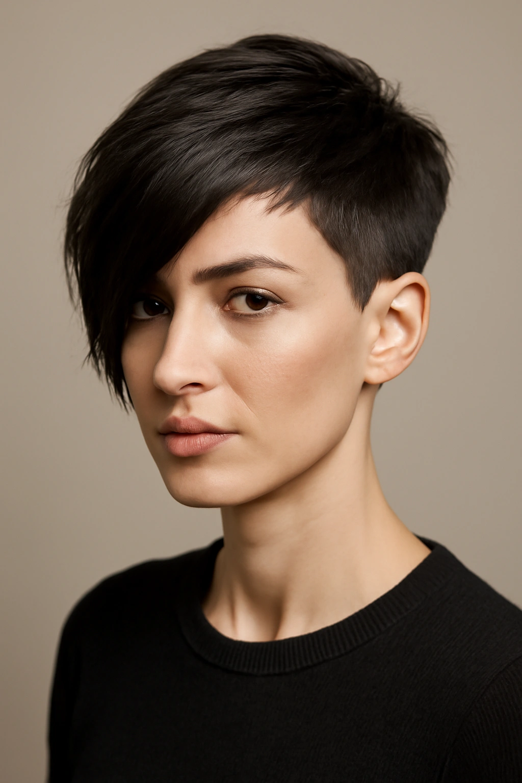 Close-up of an asymmetrical pixie haircut with dramatic contrast on one side