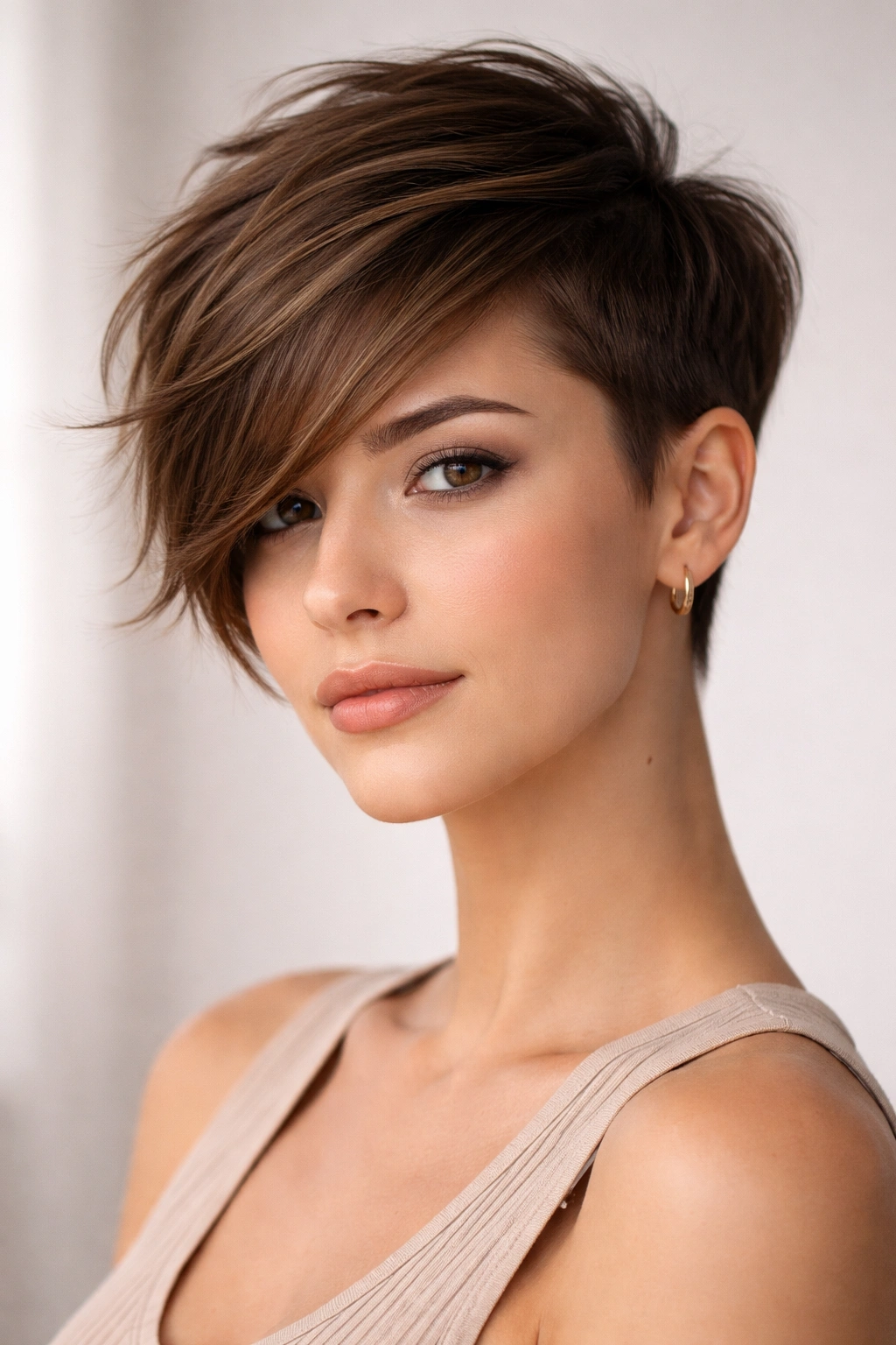 Asymmetrical pixie cut with uneven lengths on a model