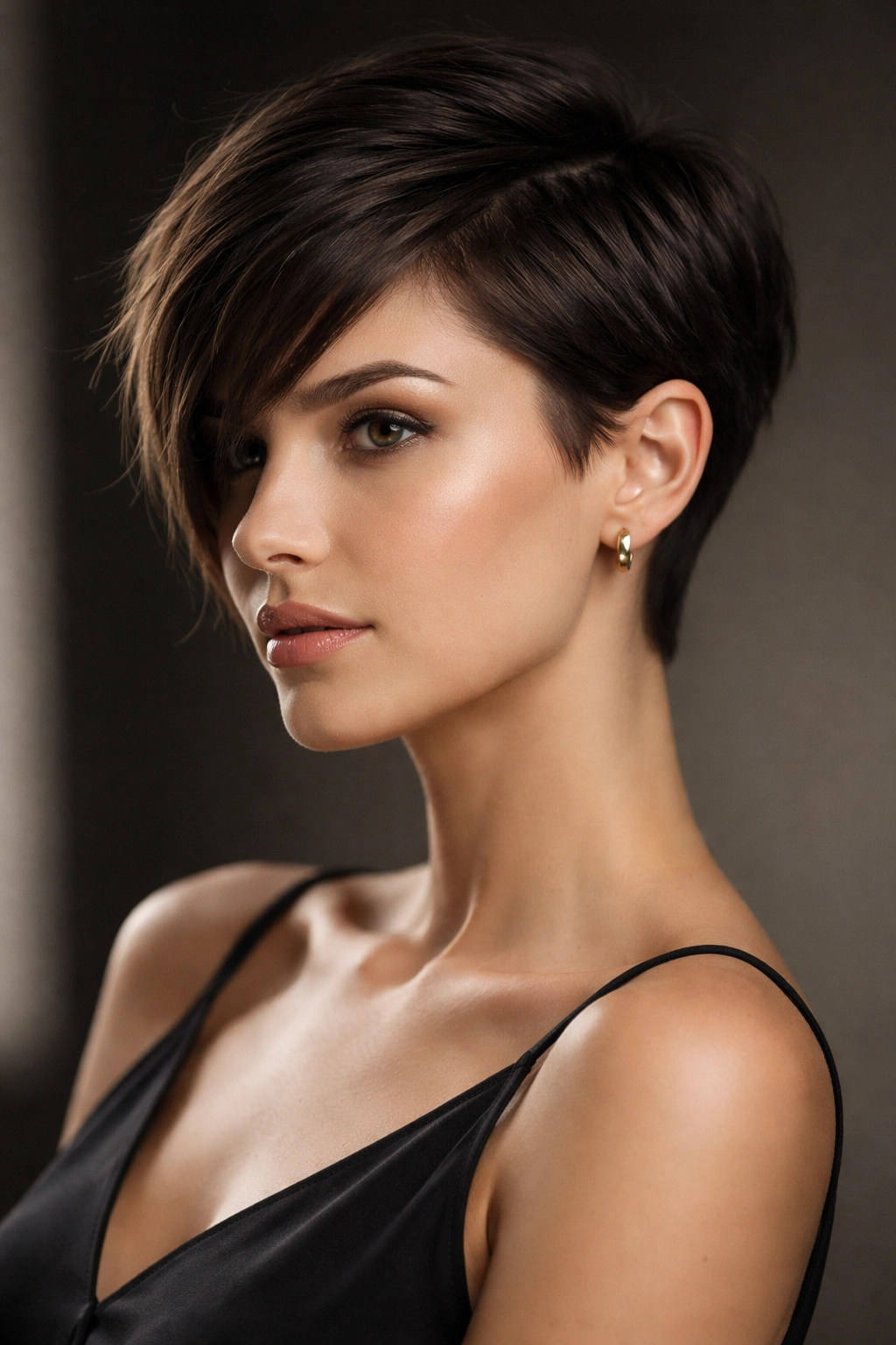 Asymmetrical pixie haircut with different length sides tucked behind the ear