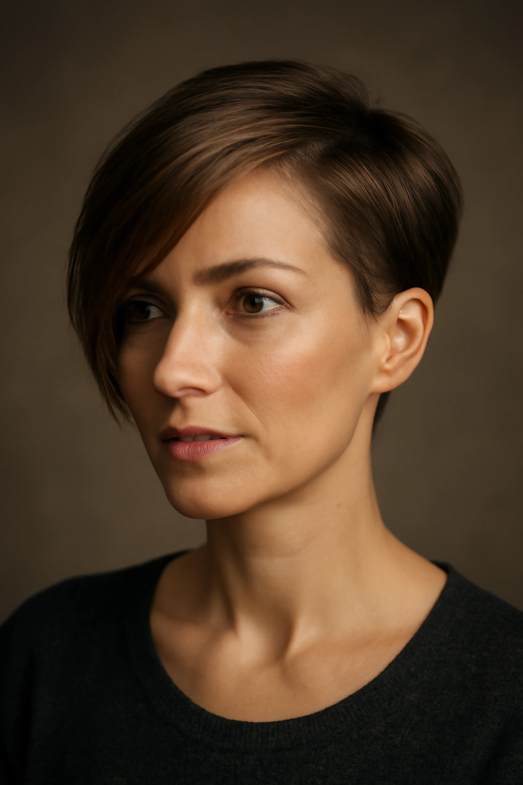 15 Short Pixie Cuts That Glow Up Your Look After 30 6 Portrait of a woman with an asymmetrical pixie showing one longer side