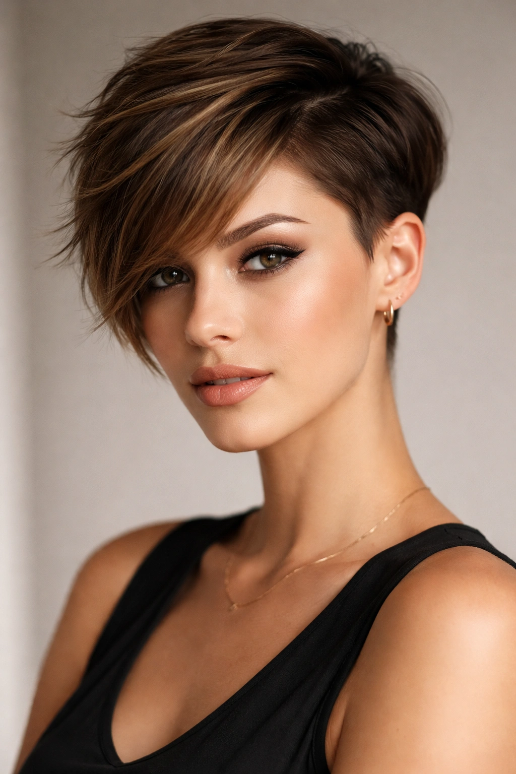 25 Short Haircuts Women Can T Stop Asking For 5 Portrait of a person with an asymmetrical pixie featuring one side longer than the other.