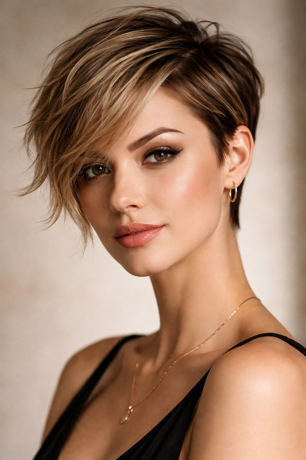 Asymmetrical pixie haircut on a diamond-shaped face.