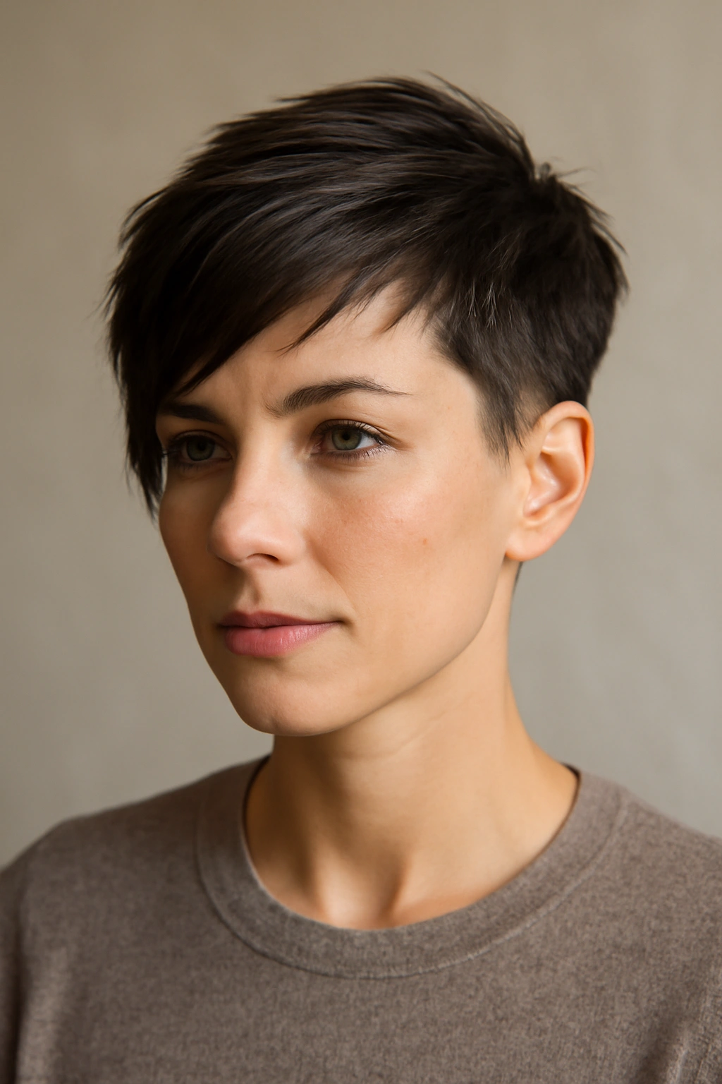 Asymmetrical pixie with uneven lengths creating a bold, modern edge.