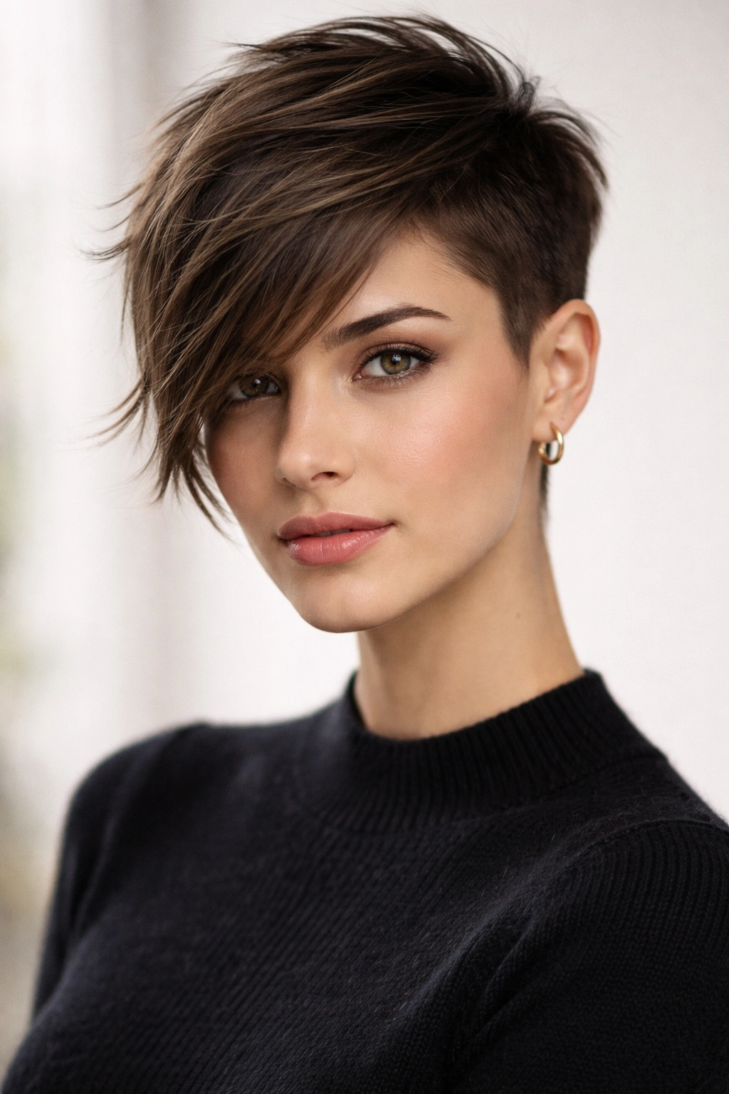 30 Short Haircuts Women Swear By And Rebook 8 Portrait highlighting an asymmetrical pixie with a very short side and longer opposite side.