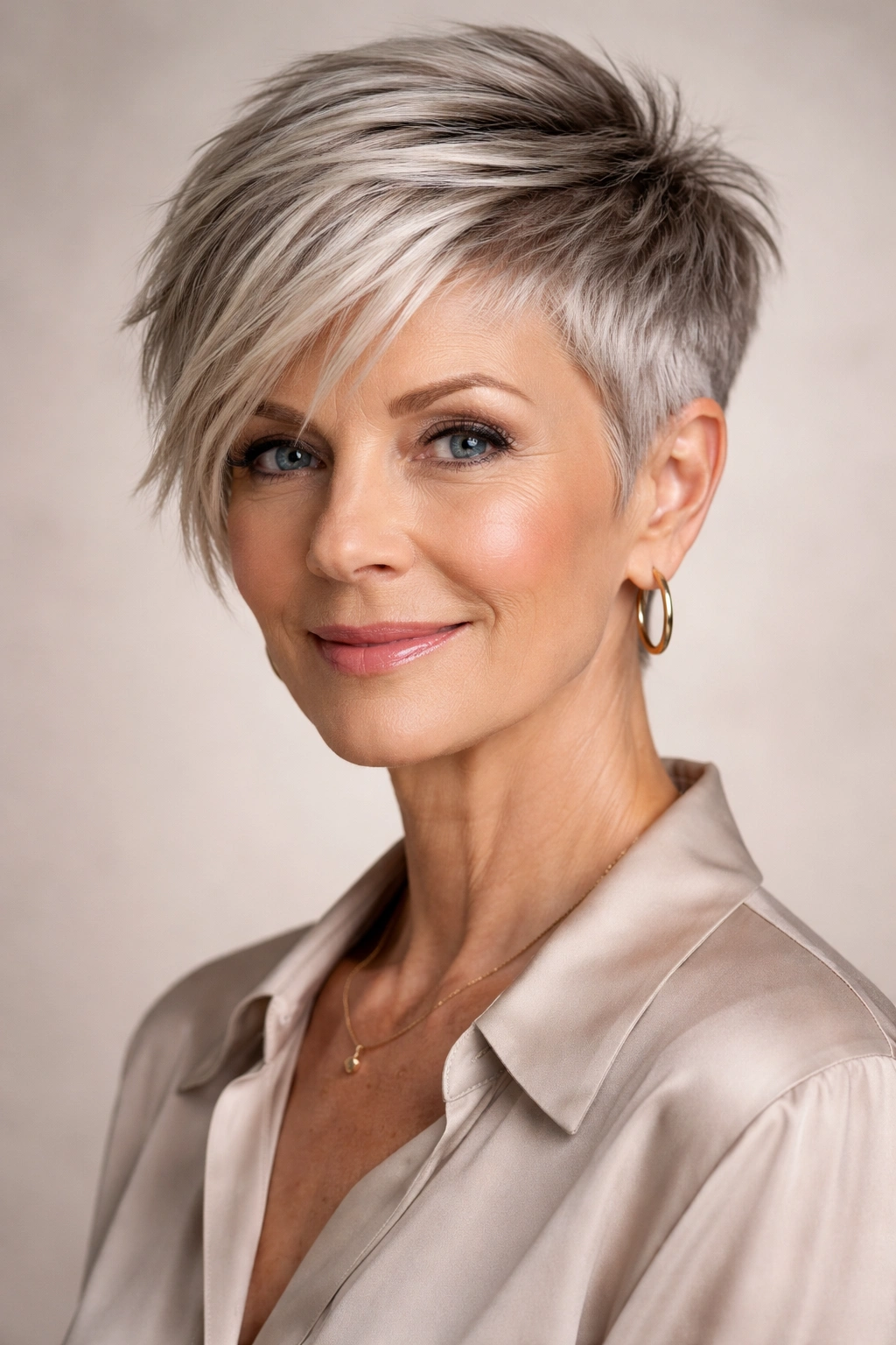 Close-up of a mature woman with an asymmetrical pixie showing short sides and long top layers