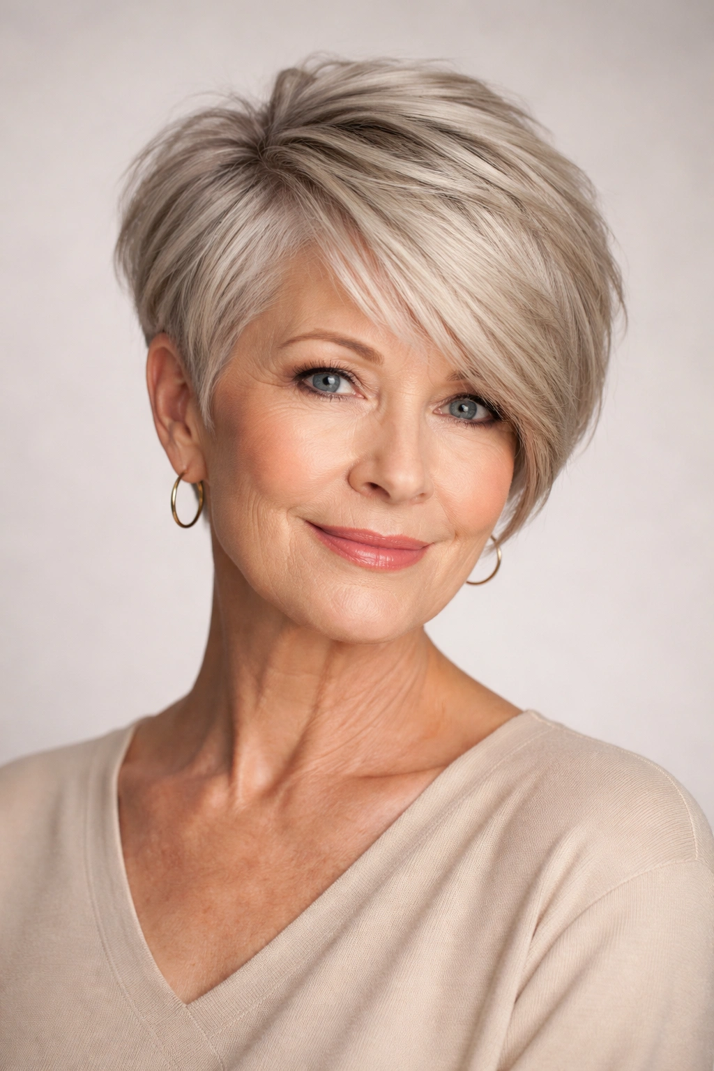 Portrait of a woman with an asymmetrical pixie featuring a longer, swept side and a shorter tapered side.