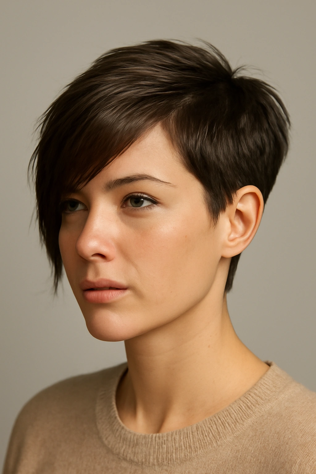 Asymmetrical pixie cut with a longer side across the face softening square jawline.