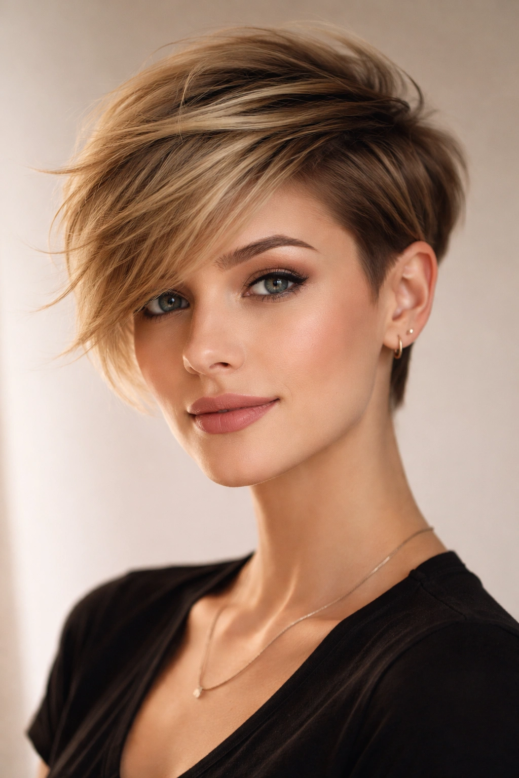 10 Edgy Short Haircuts That Work On Fine Hair 2 Portrait of an asymmetrical pixie with one longer side swept for volume