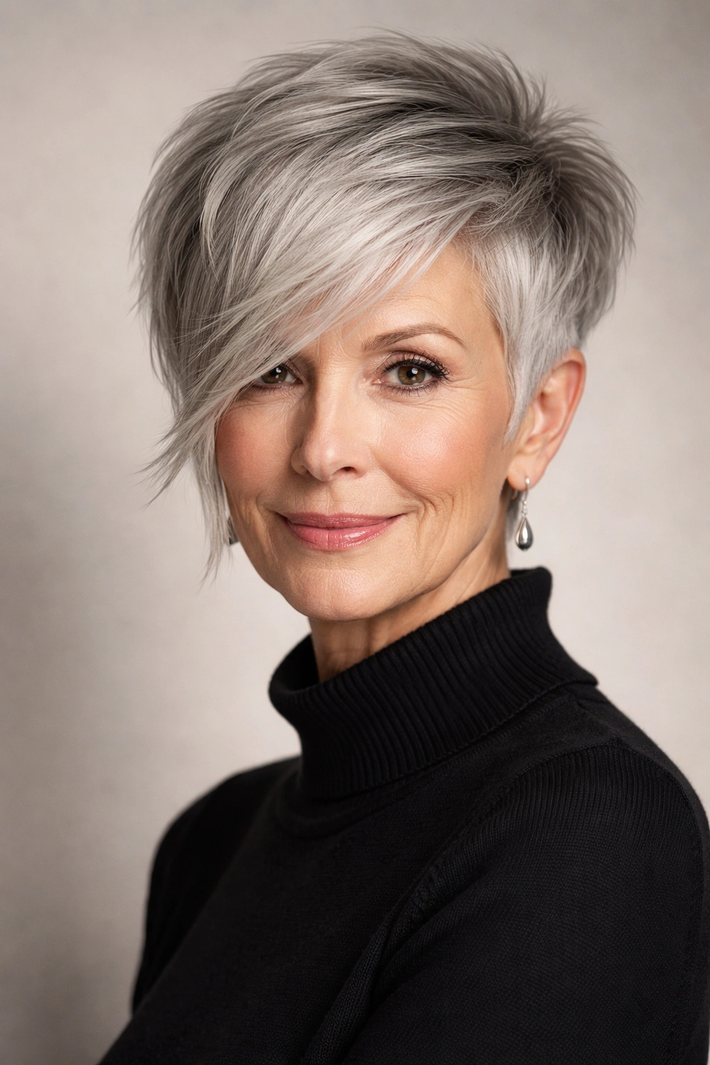 Close-up of a woman with an asymmetrical pixie featuring a longer side and swept fringe in studio lighting
