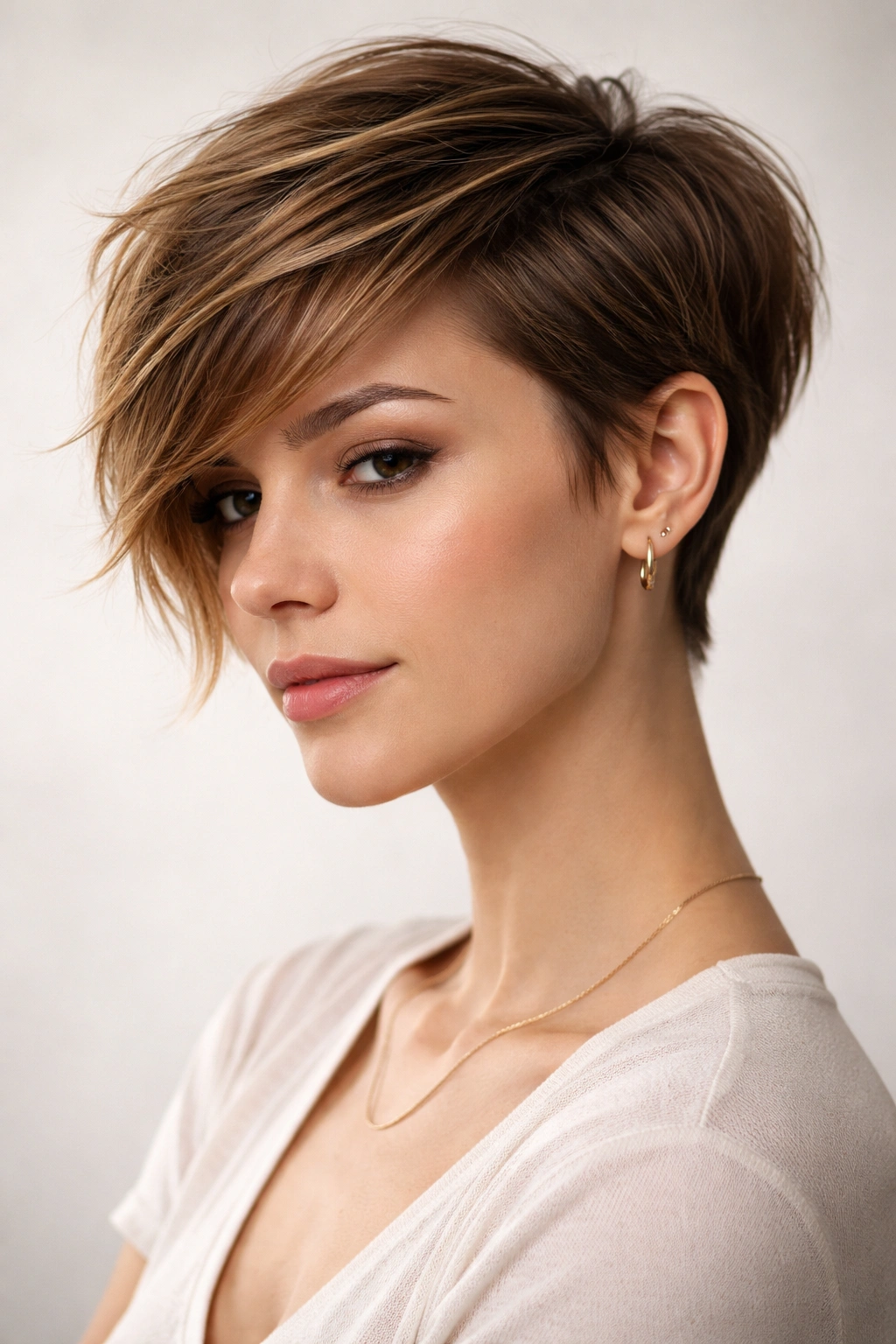 Asymmetrical pixie haircut with one longer side and a shorter, textured opposite side