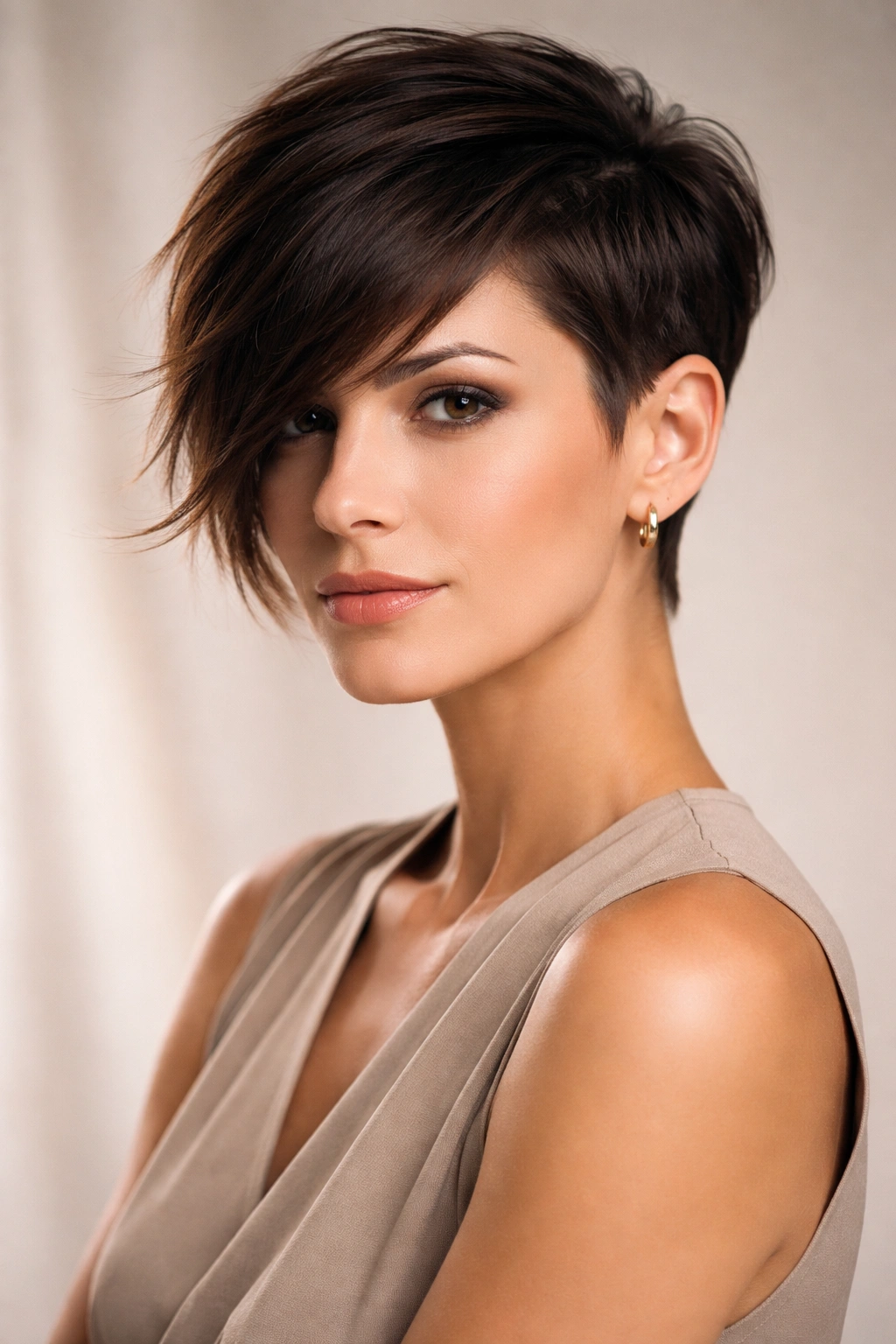 Close-up portrait of a woman with an asymmetrical pixie cut featuring a longer side and shorter side.