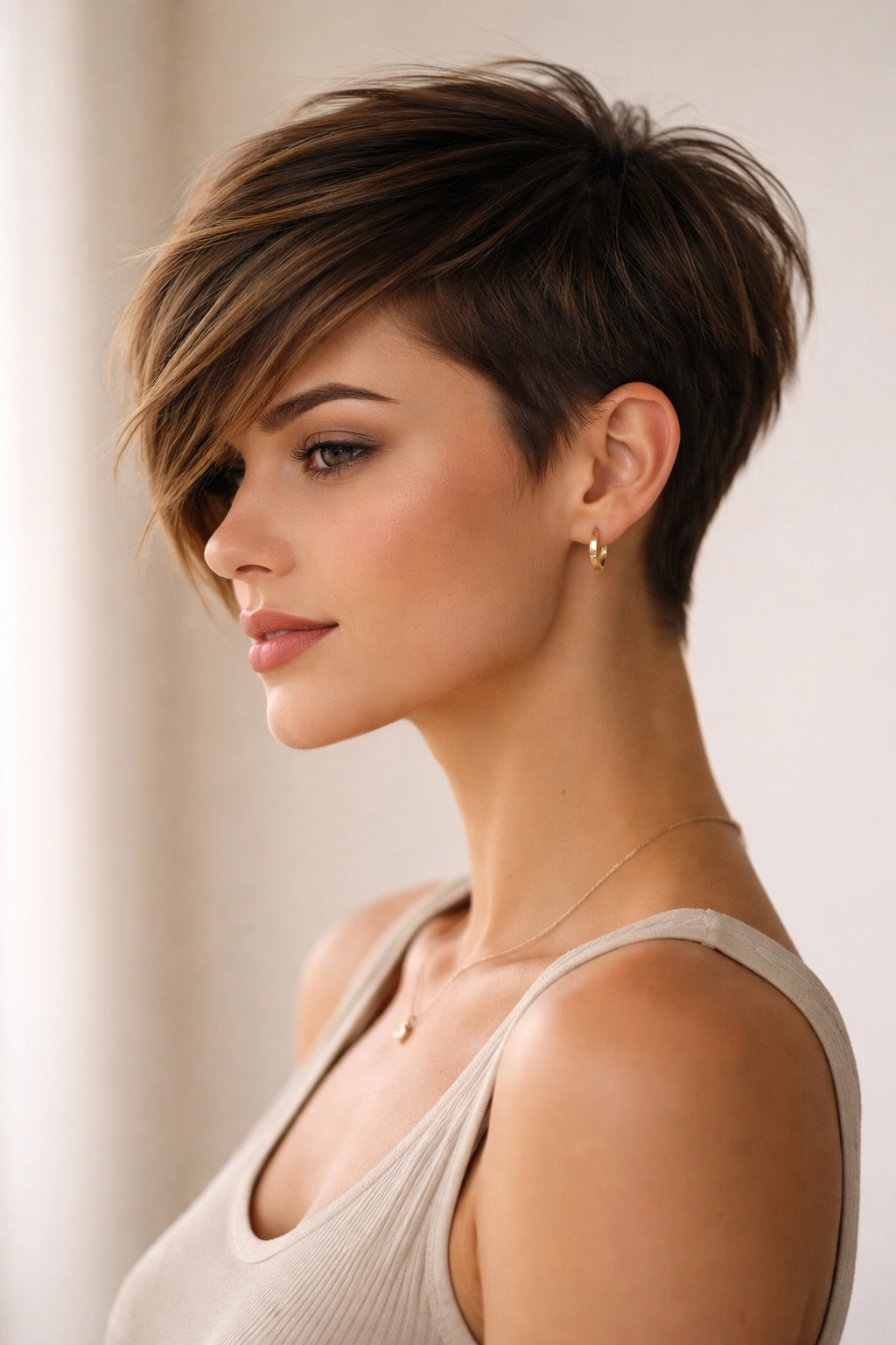 15 Short Low Maintenance Cuts For A Busy Life 9 Three-quarter view of The Asymmetrical Pixie hairstyle on a model in a studio