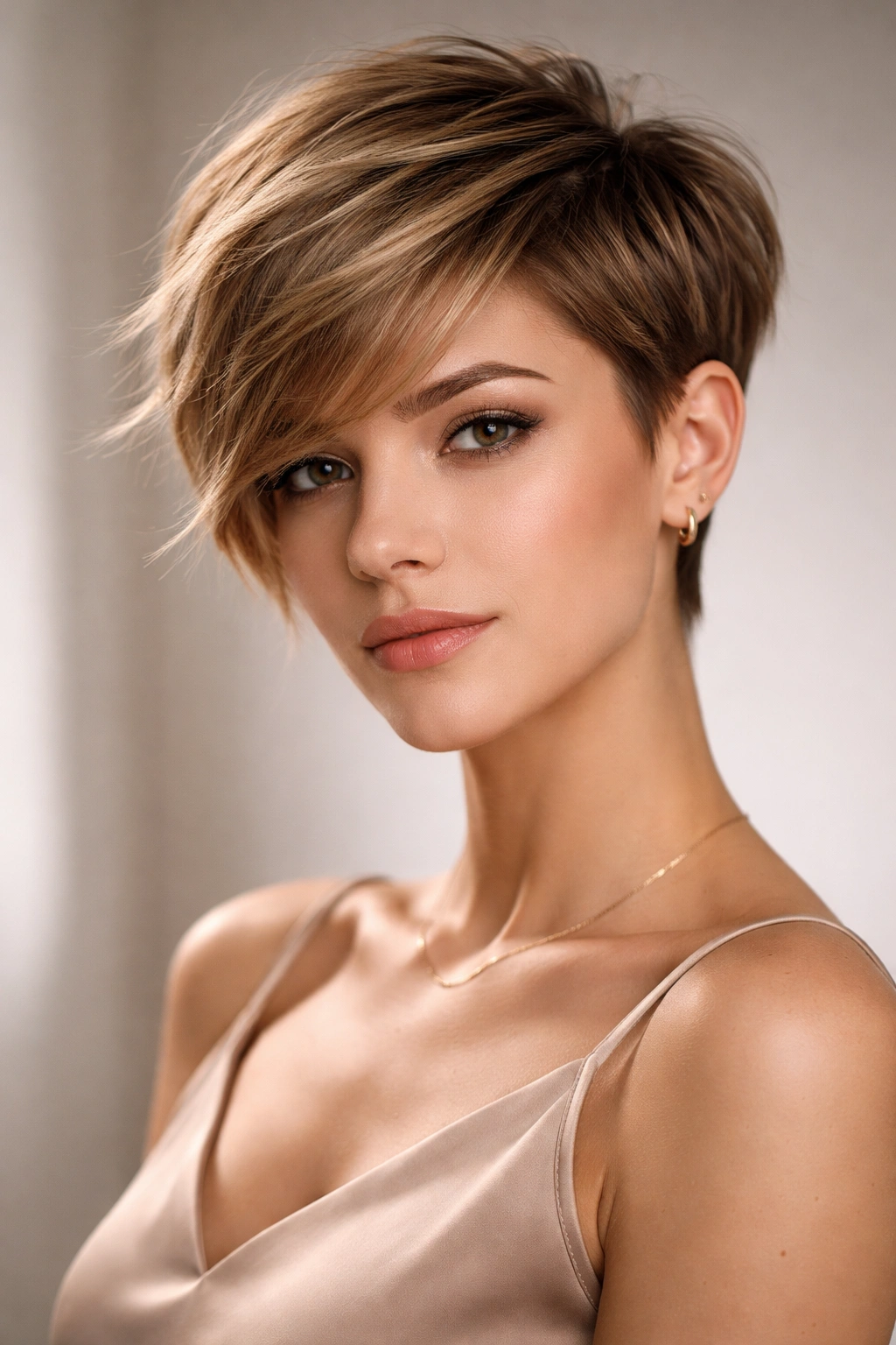Model with asymmetrical pixie featuring a shorter side and a longer side for visual fullness.