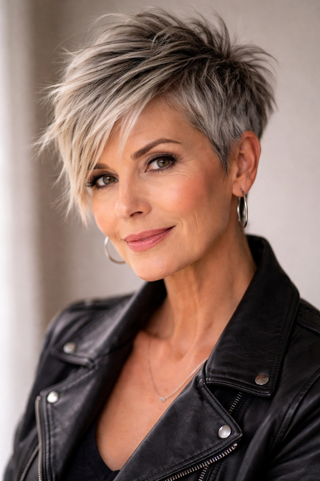 10 Short Spiky Hairstyles For Women Over 50 2 Close-up of a mature woman with an asymmetrical pixie showing uneven lengths.