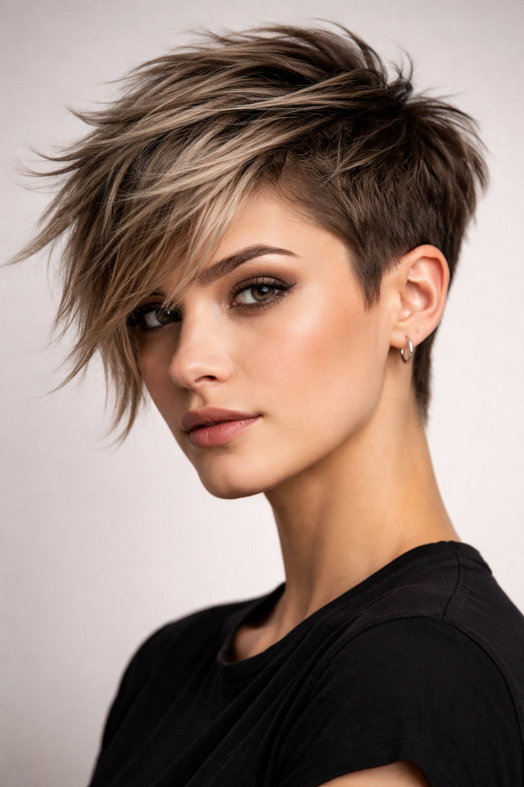 Asymmetrical pixie haircut with longer textured side and shorter side in a portrait